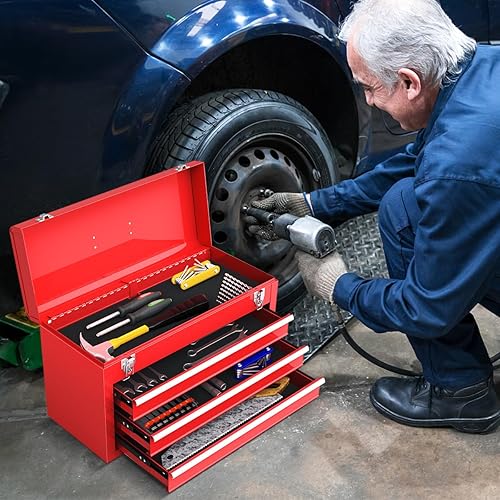 Miniatura 5 de Caja de herramientas portátil, caja de herramientas de 3 cajones con asa de transporte, 2 pestillos y forro de metal, caja de herramientas de metal,