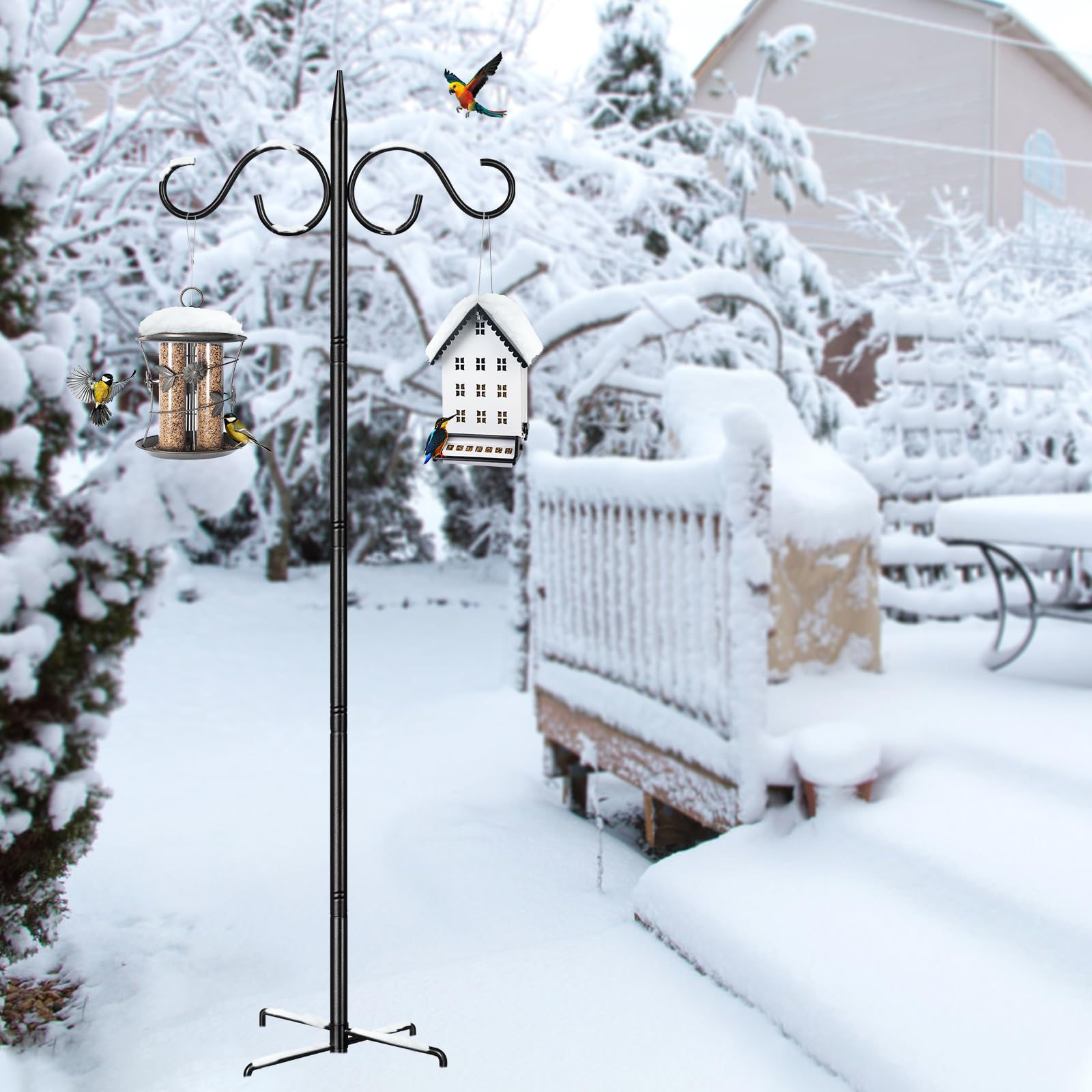 Pali e ganci per mangiatoia per uccelli, 2 m, resistente, con base, doppi ganci per pastori, autoportante, per esterni, lanterne, luci da giardino, cesto di fiori, nero, confezione da 1