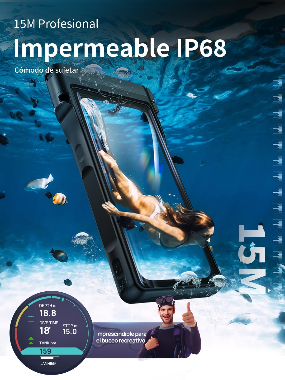 Lanhiem Funda Impermeable IPX8 15M Sumergible Profesional para iPhone Samsung Galaxy Huawei Xiaomi Redmi Google Pixel y Smartphone 4.7-6.9 Funda Subacuática, Negro