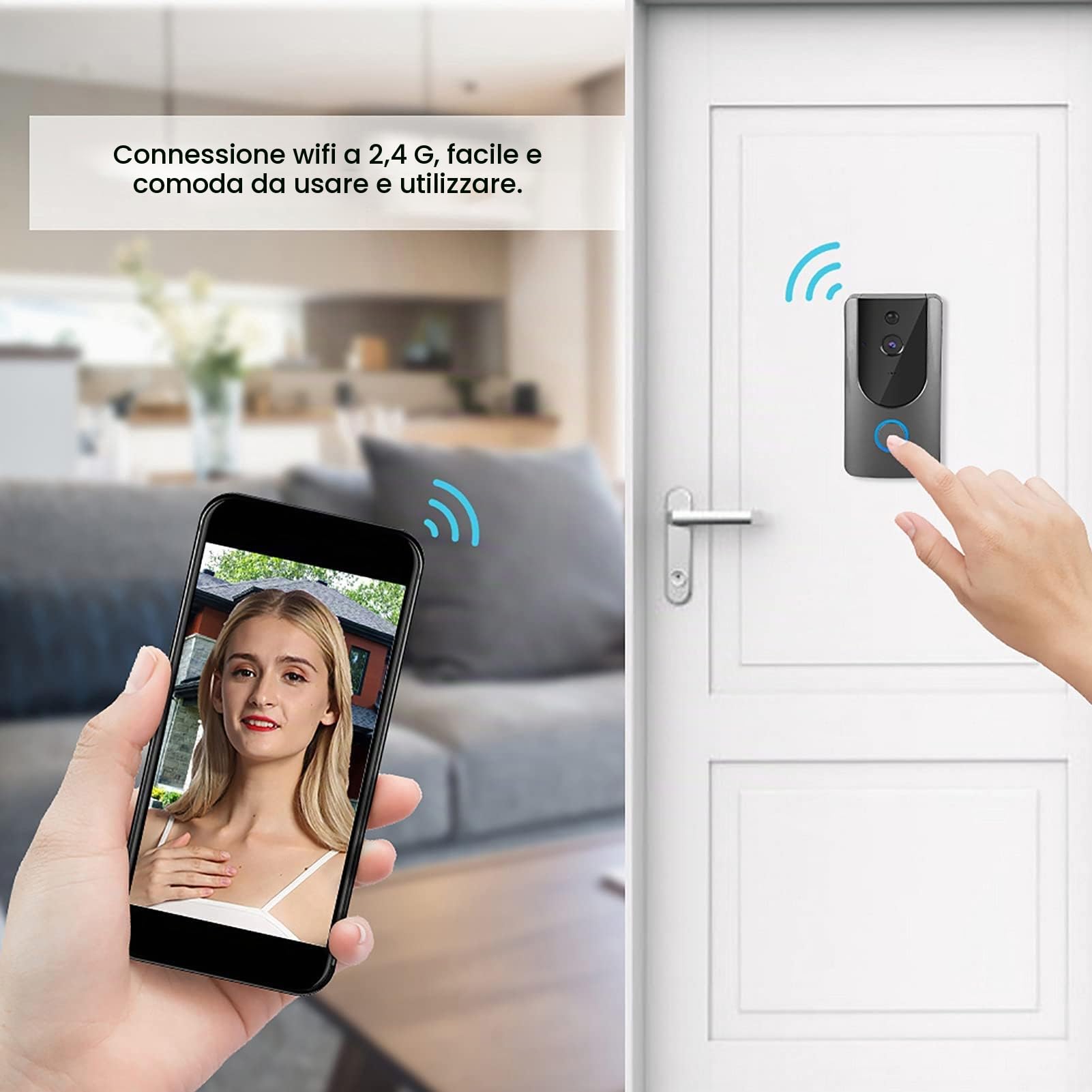 Ejoyous Videocitofono Campanello Videocamera Wireless, Smart Wifi Videocitofono Campanello A Infrarossi Wireless di Accesso Citofono Telecamera Porta, Telecomando per Cellulare