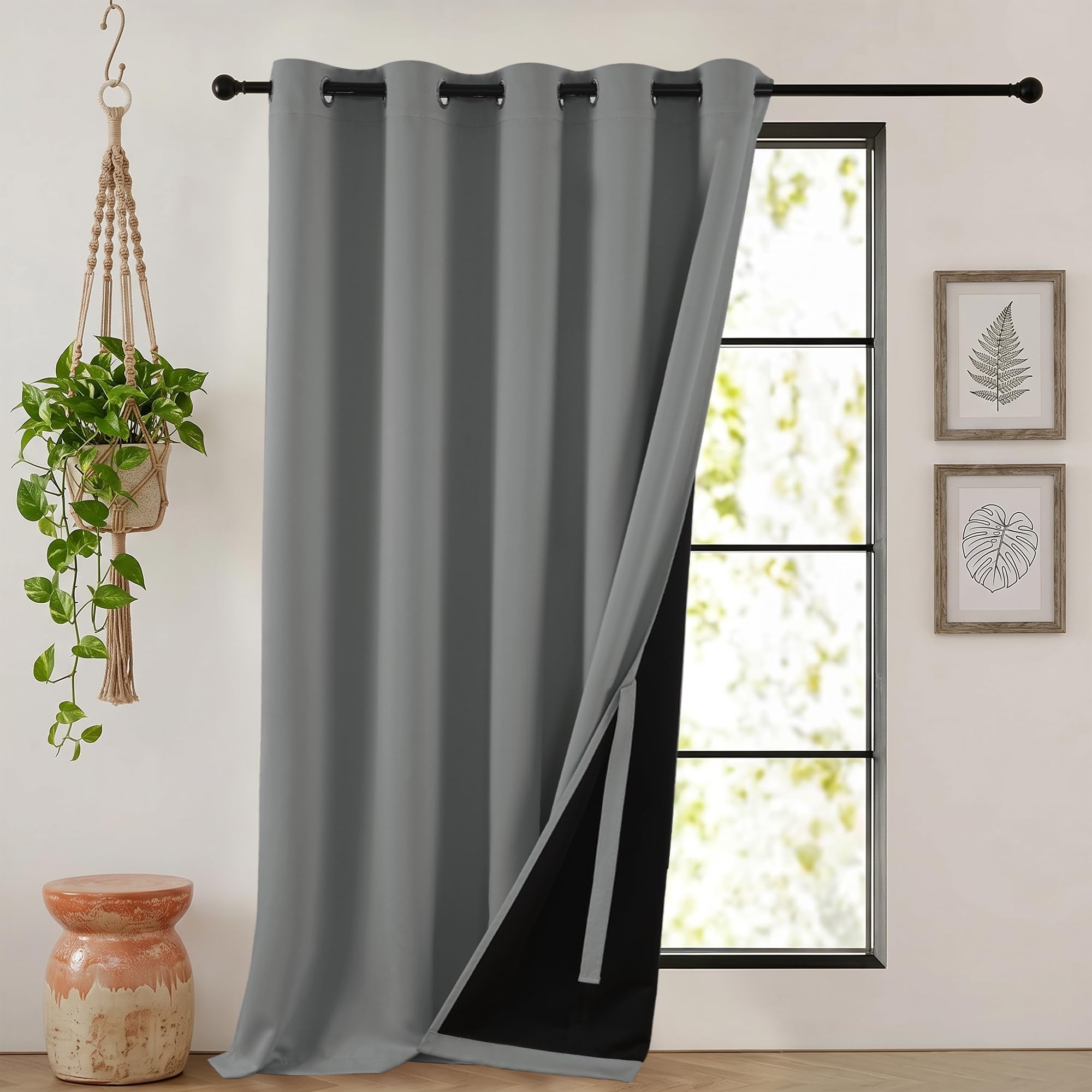 DWCN 100% Blackout Curtains Thermal Insulated Eyelet Curtains for Bedroom Living Room with Black Liner, Grey, 80 x 84 Inch, 1 Panel