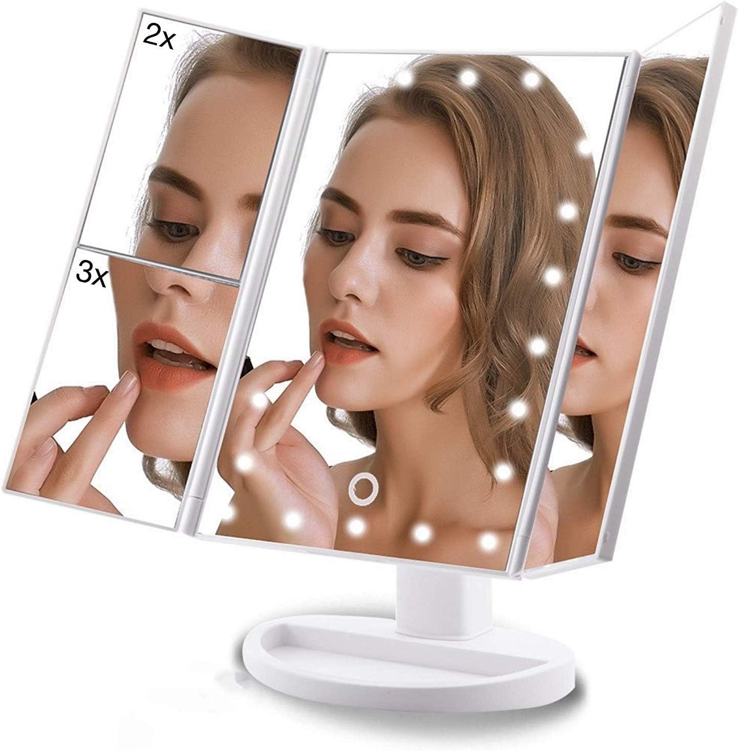 22 LED Light Mirror Make Up Mirror With 2X 3X Magnifying Dressing Table Makeup Mirror, 3X/2X Magnifying Trifold Vanity Mirror with 22 LED Lights, 180° Rotation Touch Screen Cosmetic Mirrors-White