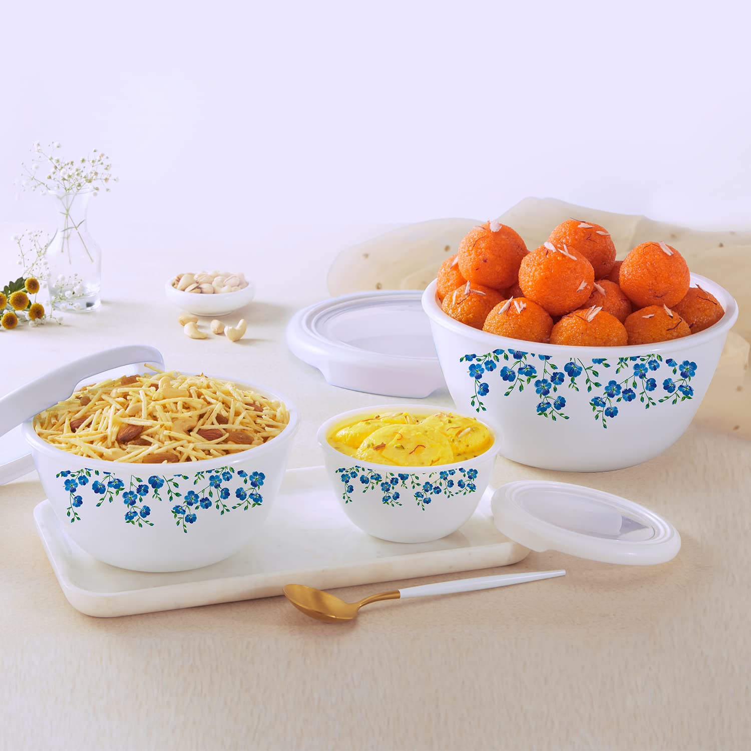 CELLO Opalware Mixing Bowl Set with Premium Lid, Blooming Garden, 3 Units, (500 ml, 1000 ml, 1500 ml), White (B0BGSG5ZM7) Amazon Price History, Amazon Price Tracker