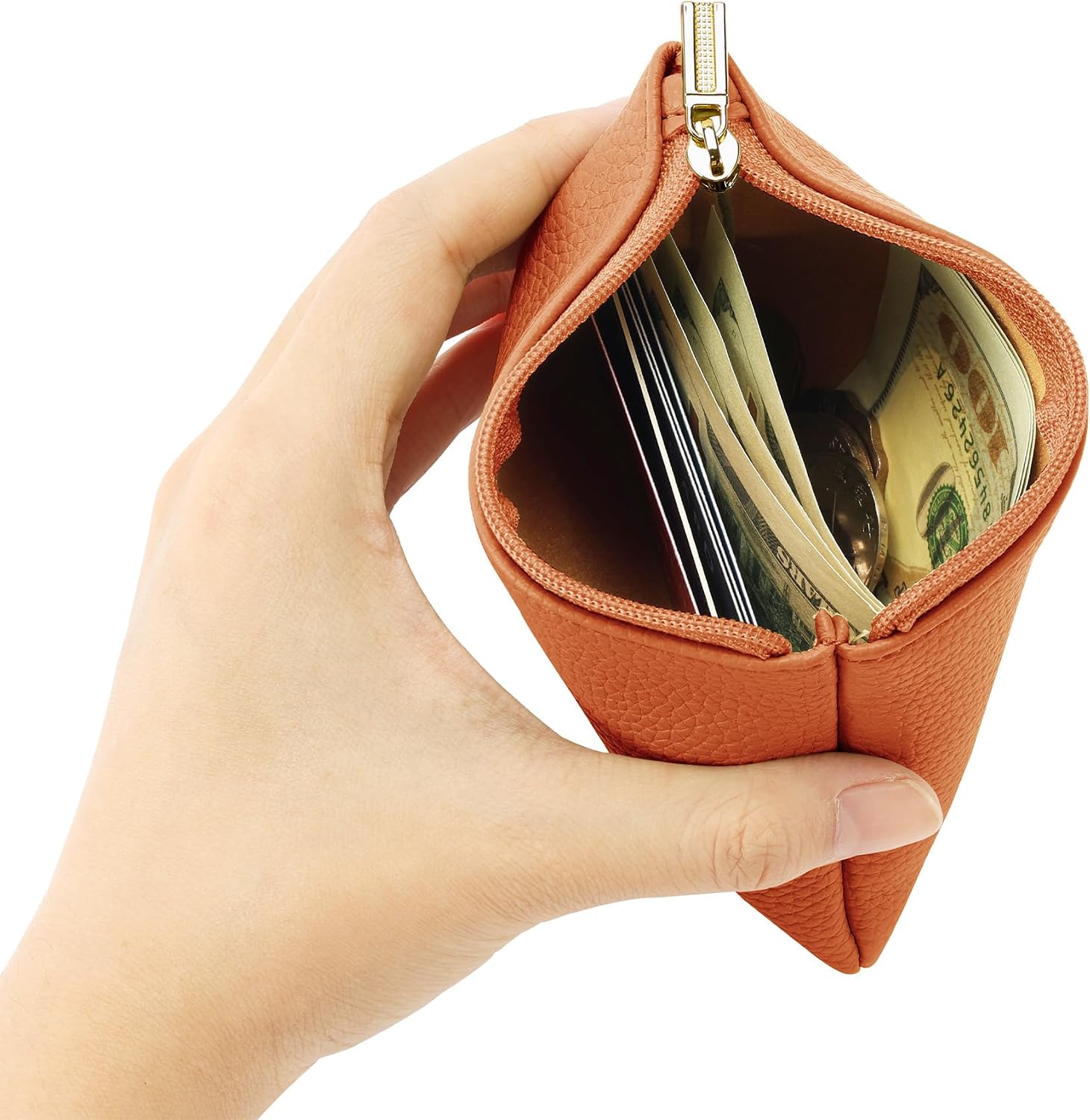 Chelmon PU Leather Coin Purse Pouch Change Holder Small With Zipper for Men Women 2 PCS Set (Brown&Purple) image 4