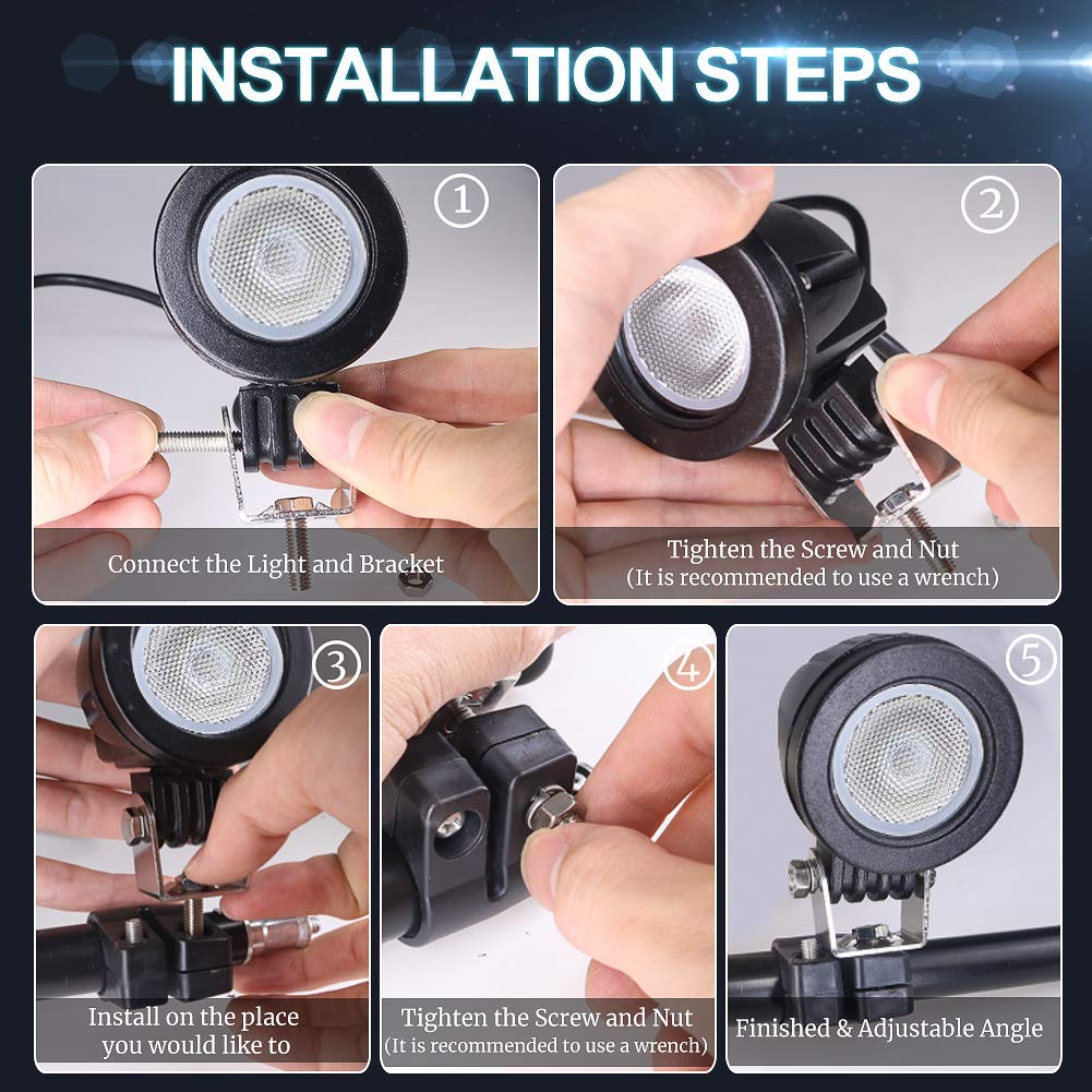 Biqing 10W Faretti LED Moto Supplementari, 2pcs 12V Moto Faretti LED Fari Luce Fendinebbia Anteriore 6000K Fendinebbia Fuoristrada per Quad Scooter Auto Bici Camion Barca(Flood)