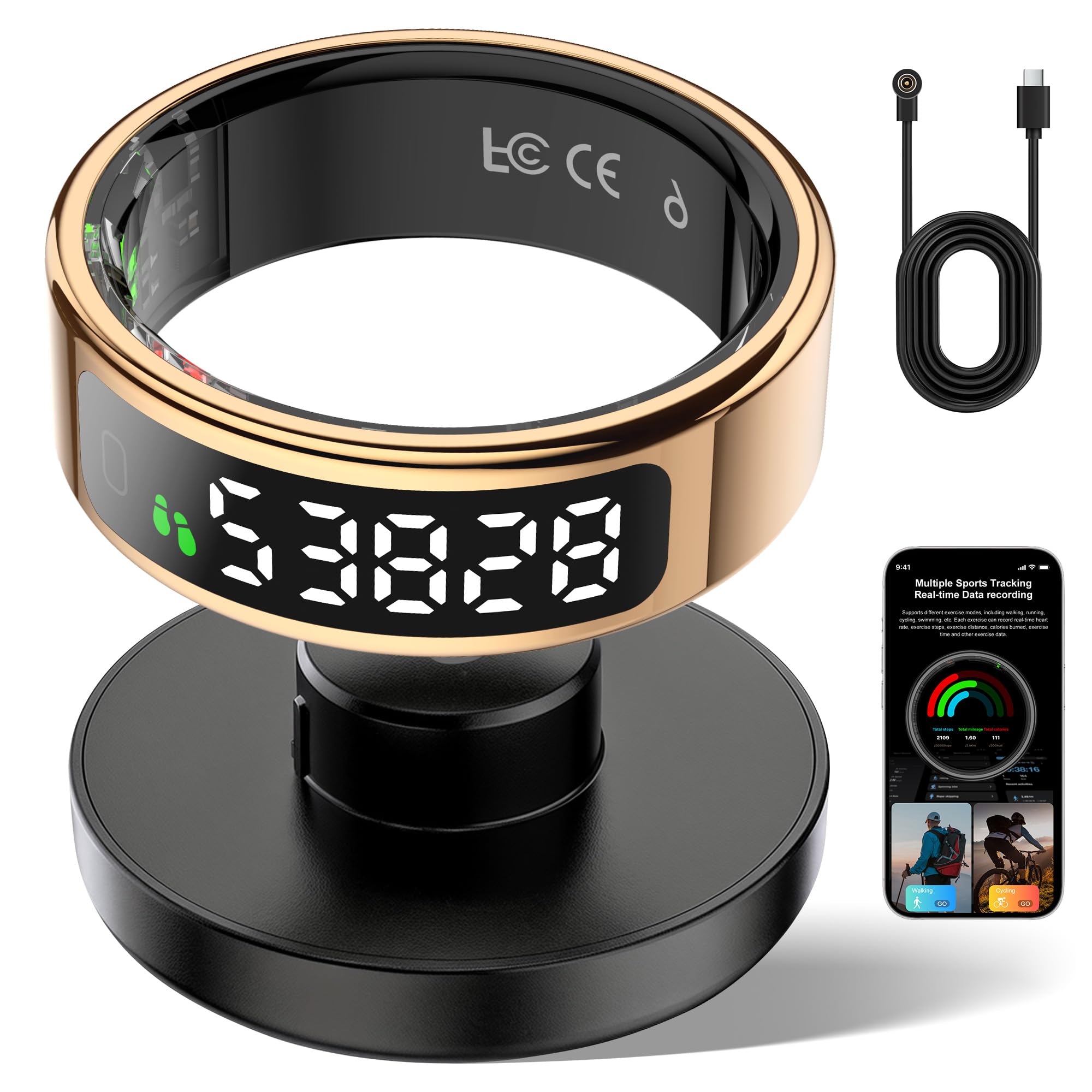 Smart Ring with Display - Heart Rate, Sleep Insights, Fitness Ring for Men & Women - IP68 Waterproof, Gesture Control, Long Battery Gold #12-image-42