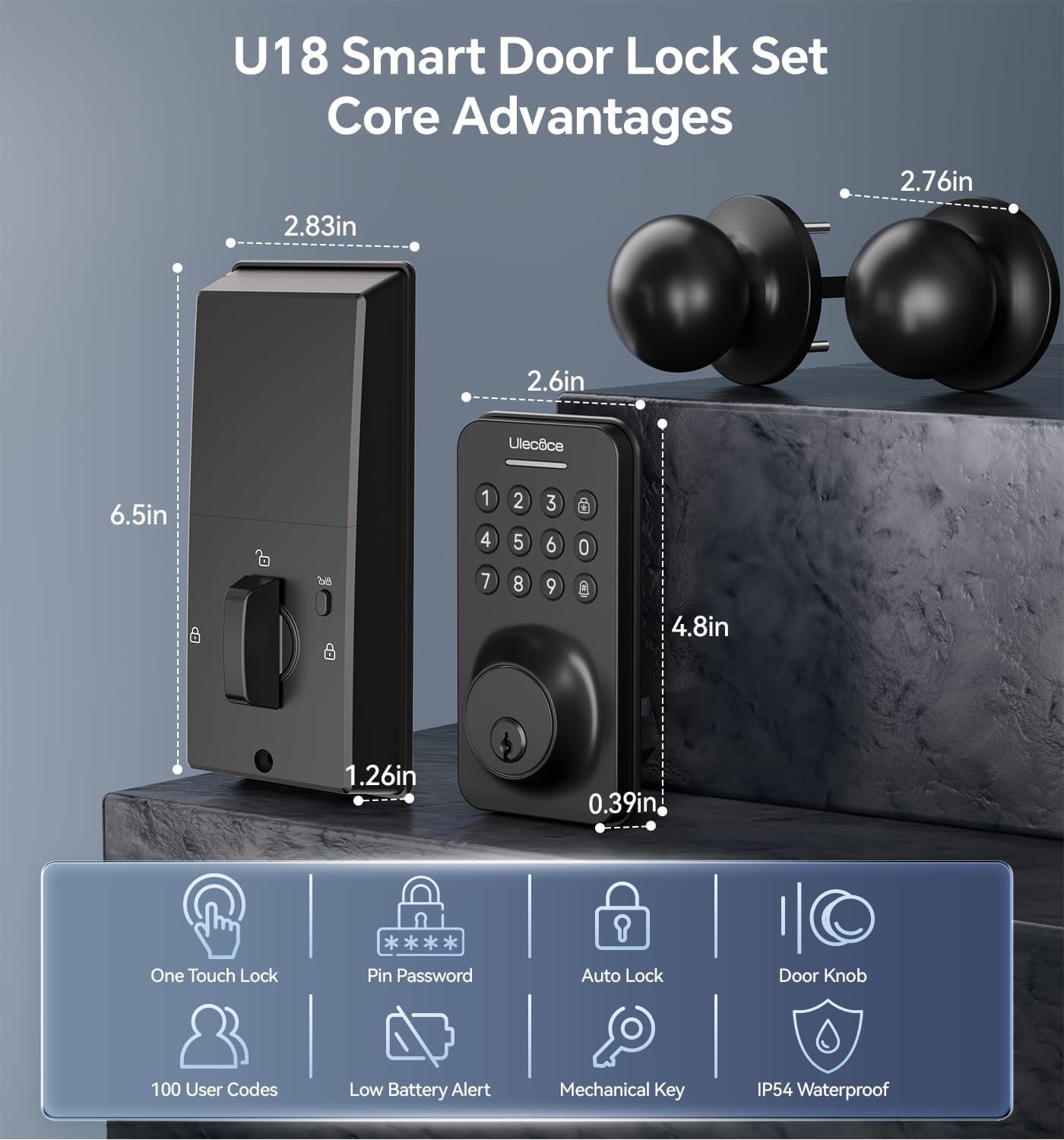Diagram showing dimensions of the Ulecoce U18 Smart Door Lock Set.