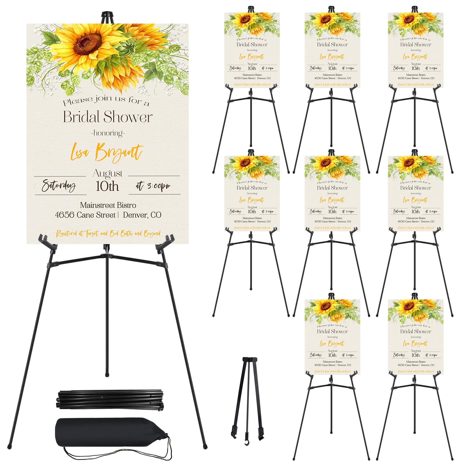 9 caballetes negros para letreros de boda, caballetes de metal ajustables de 65 pulgadas para exhibición, caballete plegable portátil para bodas, espectáculos de exhibición, artes, póster con