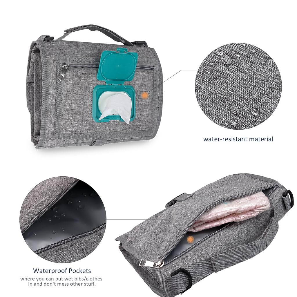 Portable Diaper Changing Station, Expandable Baby Diaper Bag, Compact Diaper Changing Travel Bag with Wet Wipe Pocket, Waterproof Baby Travel Station Set with 2 Bibs (Gray)