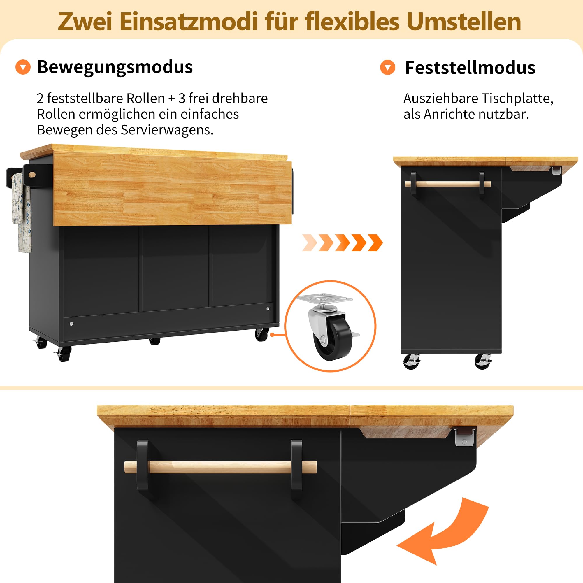 Isola cucina su rotelle, isola cucina allungabile con 2 ante e 5 cassetti, carrello da cucina con portasciugamani e portaspezie per cucina, sala da pranzo, mobile buffet, nero