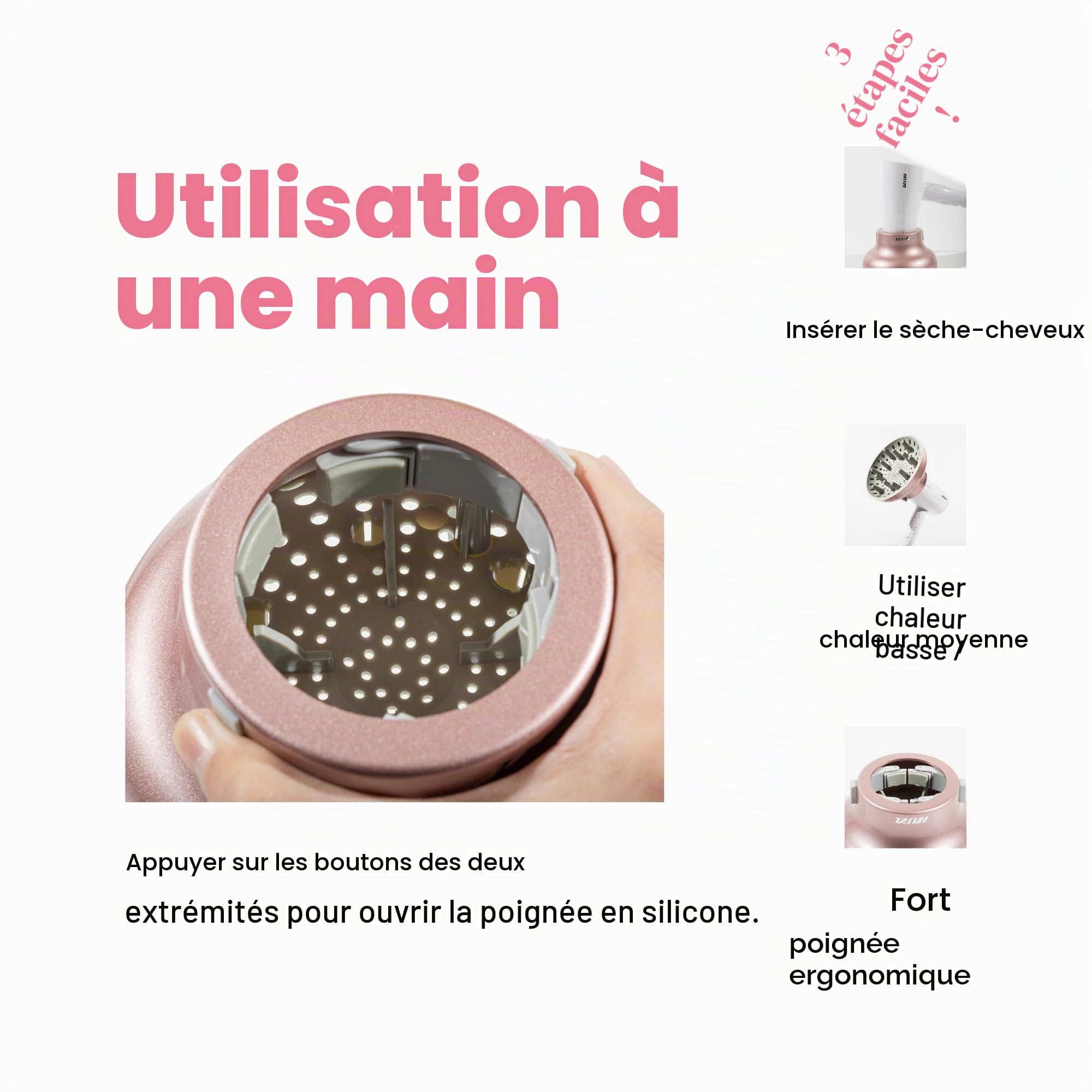 Diffuseur Universel Très Solide pour Cheveux Bouclés et Ondulés | Accessoire pour Sèche-Cheveux 4.4-6.6 cm, Portefeuille Robuste, Anti-Frisottis (Noir)