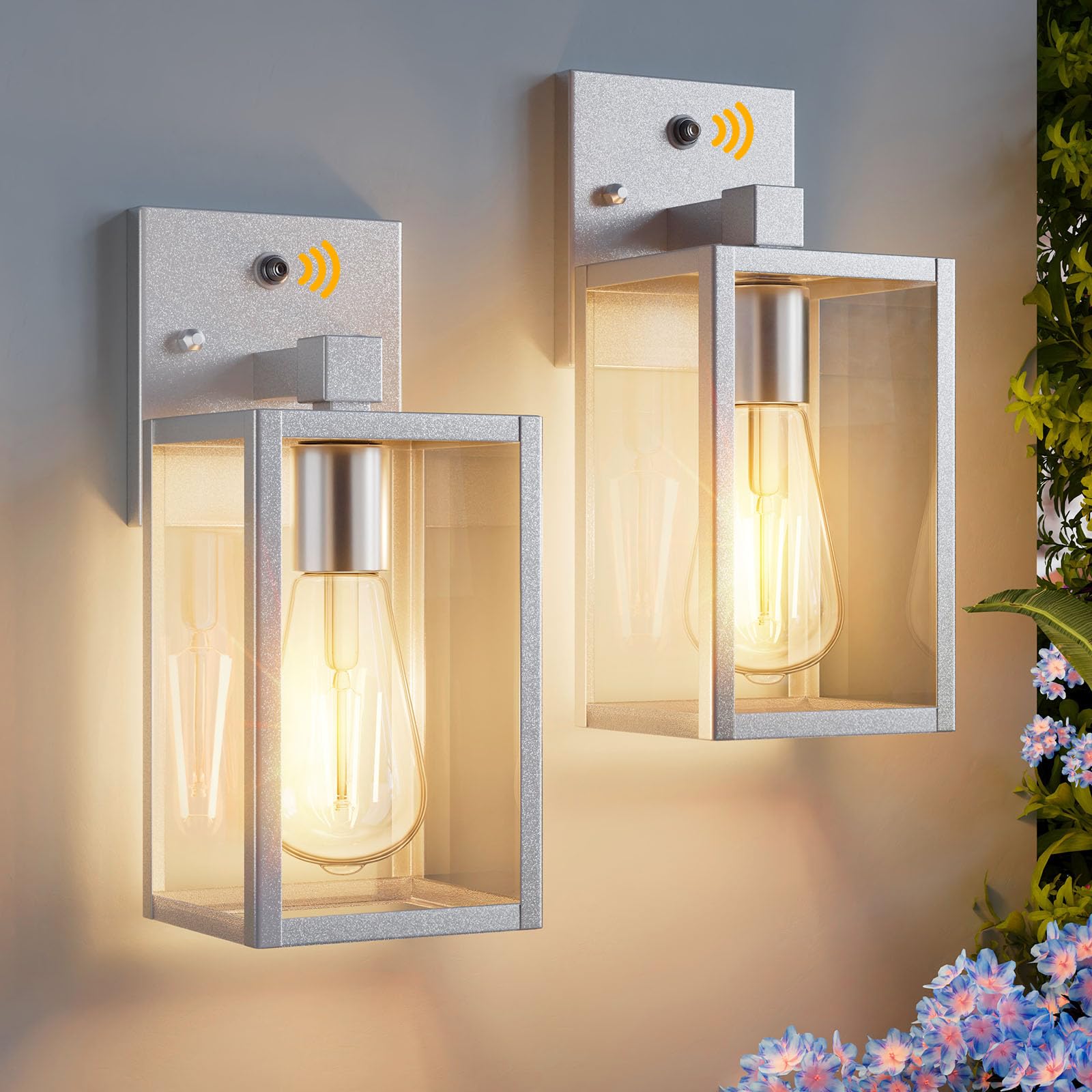 2 Pack Silver Dusk to Dawn Exterior Lighting Fixtures Wall Mount, Sensor Outside Front Porch Lights for House, Outdoor Lantern Lamp, Waterproof Wall Sconce Lights, Coach Light for Garage Entryway