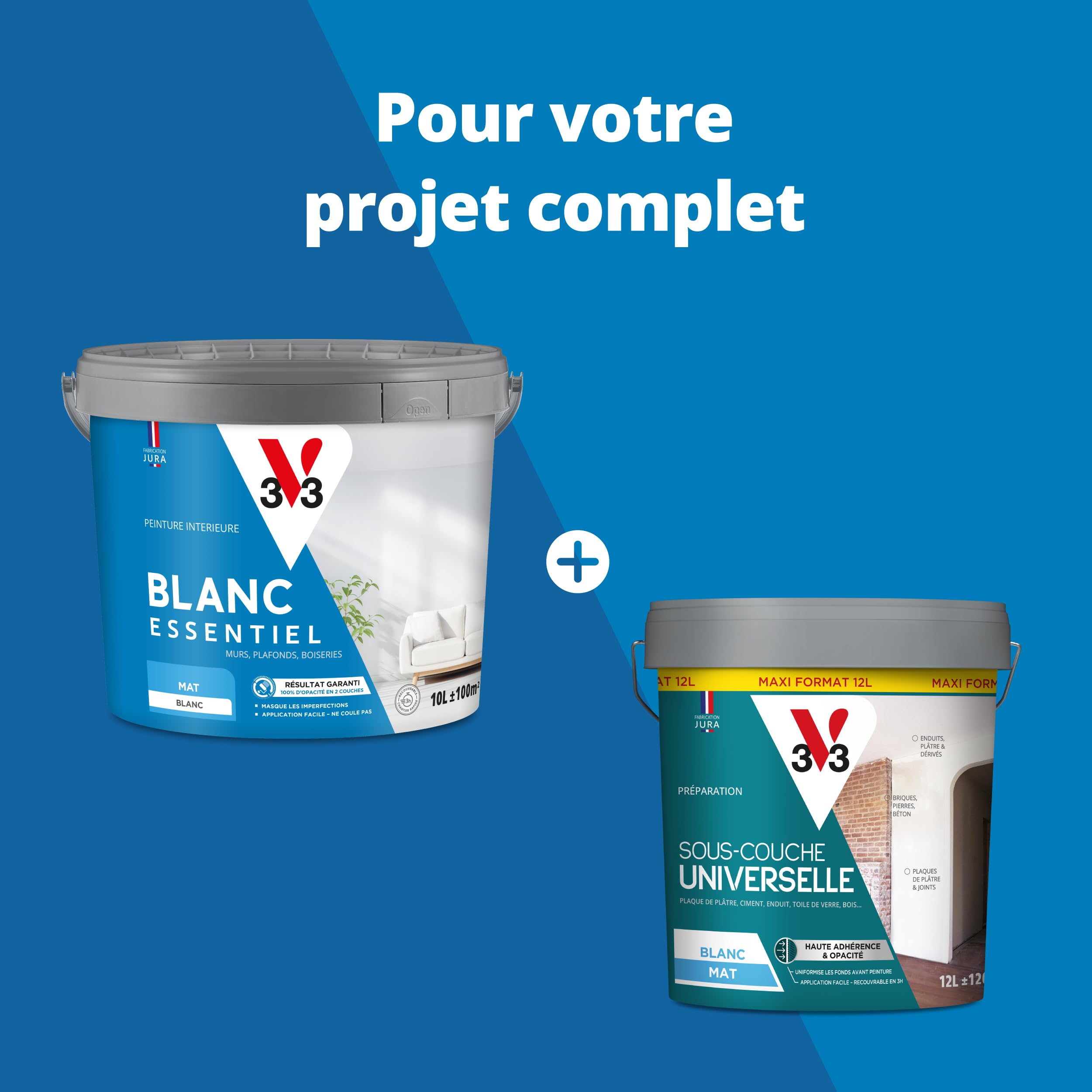 V33 - Blanc Essentiel - Peinture Intérieure - Peinture Murs, Plafonds et Boiseries - Application Rapide & Facile - Couvre en 2 Couches - Chantier Rapide Recouvrable en 3h - Blanc Durable - Velours 10L
