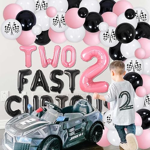 Miniatura 4 de 90 piezas de decoración de fiesta de segundo cumpleaños de coche de carreras rosa para niñas, dos globos de aluminio FAST CURIOUS 2 con cuadrícula