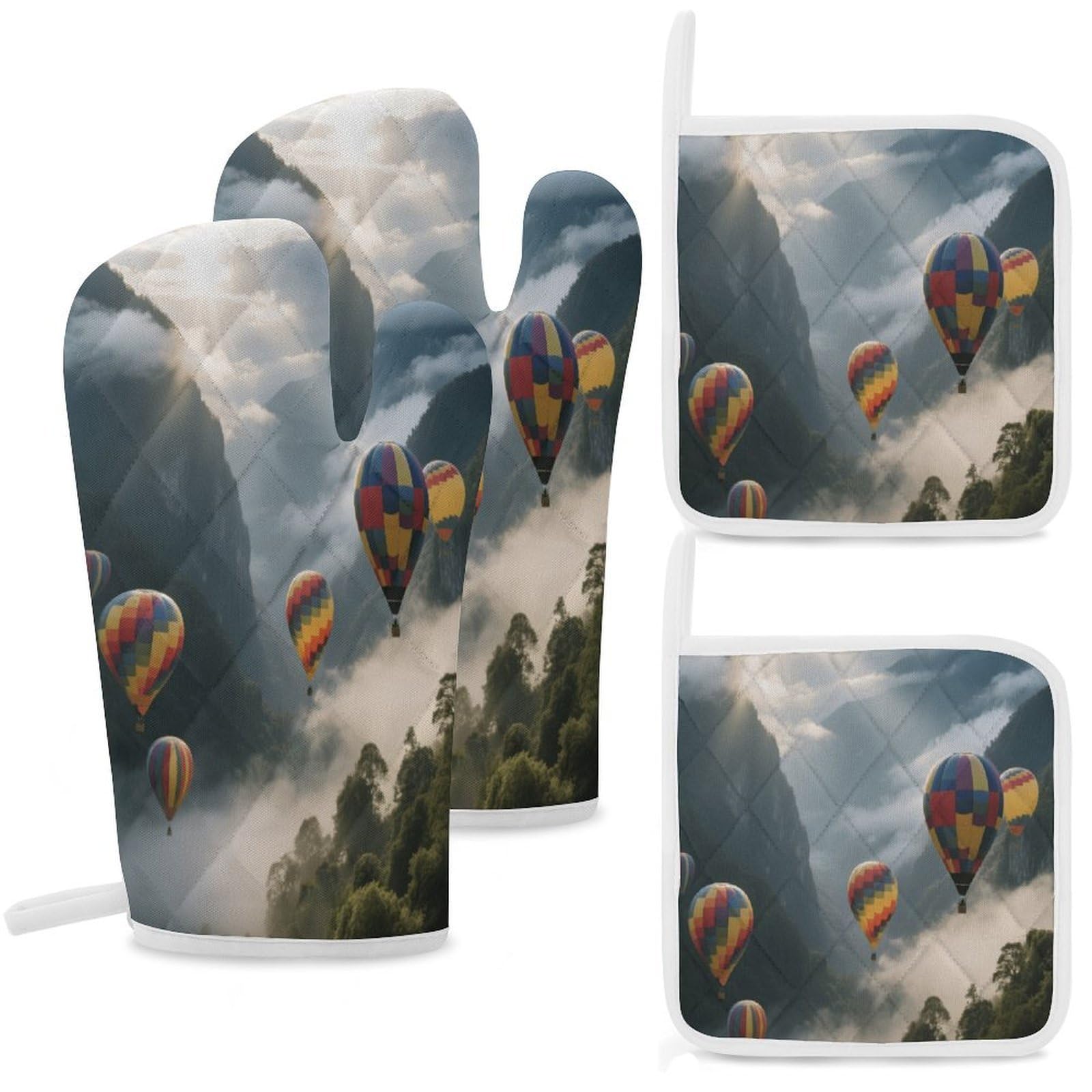 Fekiloot Style Hot Air Balloon Valley Oven Mitts And Pot Holders 4-Piece Set, Kitchen Oven Glove With Hanging Loop, Bbq Gloves For Cooking Baking Grilling