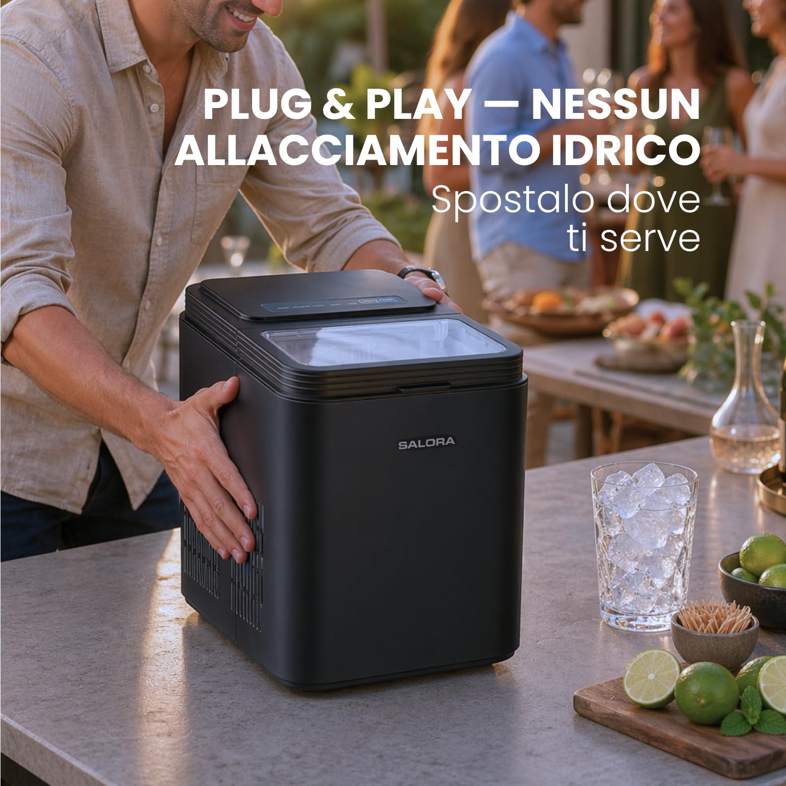 Salora ICEMAKER12B - Macchina per ghiaccio a cubetti, 12 kg/24h, 2 misure 6-9 min, serbatoio da 1,3 l, touch screen, compatta e portatile, con paletta per gelato, nero opaco