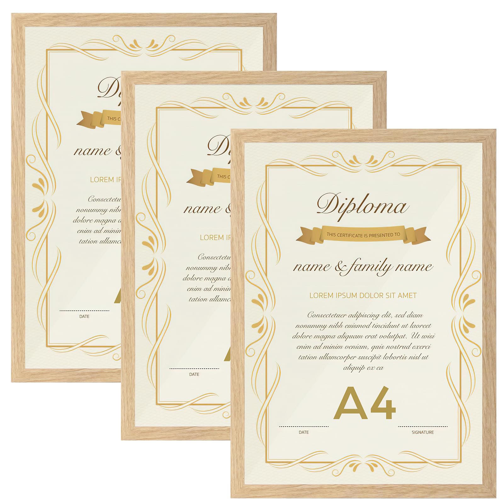 Vasemouh A4 Frame Pack of 3, Natural Wood Color A4 Picture Frame with Perspex Front, Tabletop or Wall Mounting for Certificates, Awards, Paintings