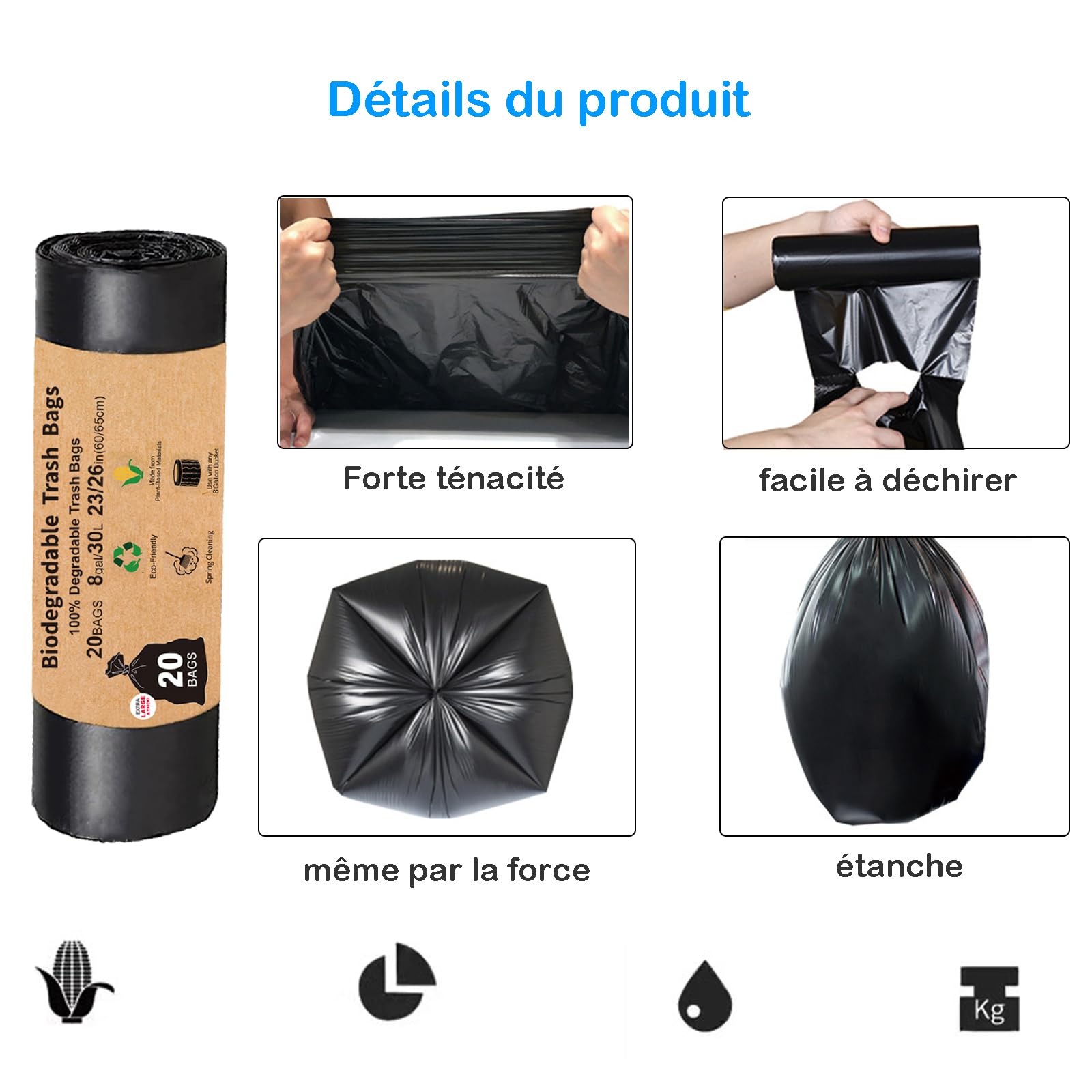 Sacs de toilette portables pour le camping, 40 sacs de remplacement de toilette, 8 gallons, 30 litres sacs de toilette de camping, sacs de toilette compostables pour toilette portable, extérieur, navi