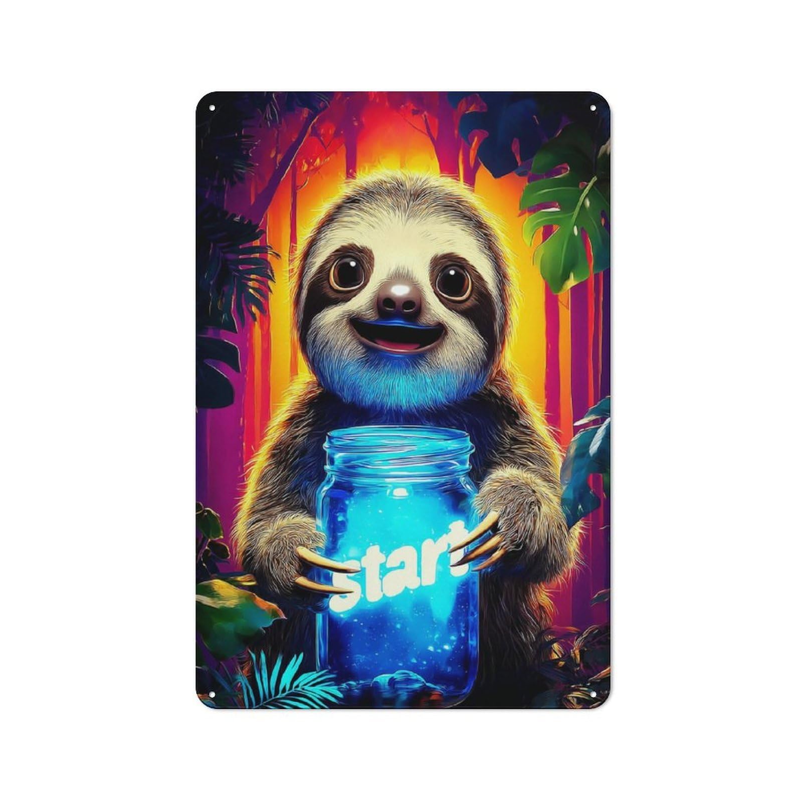 Junmoney Magical Sloth Holding Glowing Jar Tin Wall Plaque 30X20cm With For Hallway Wall, With Clear Retro Wall Decor Character