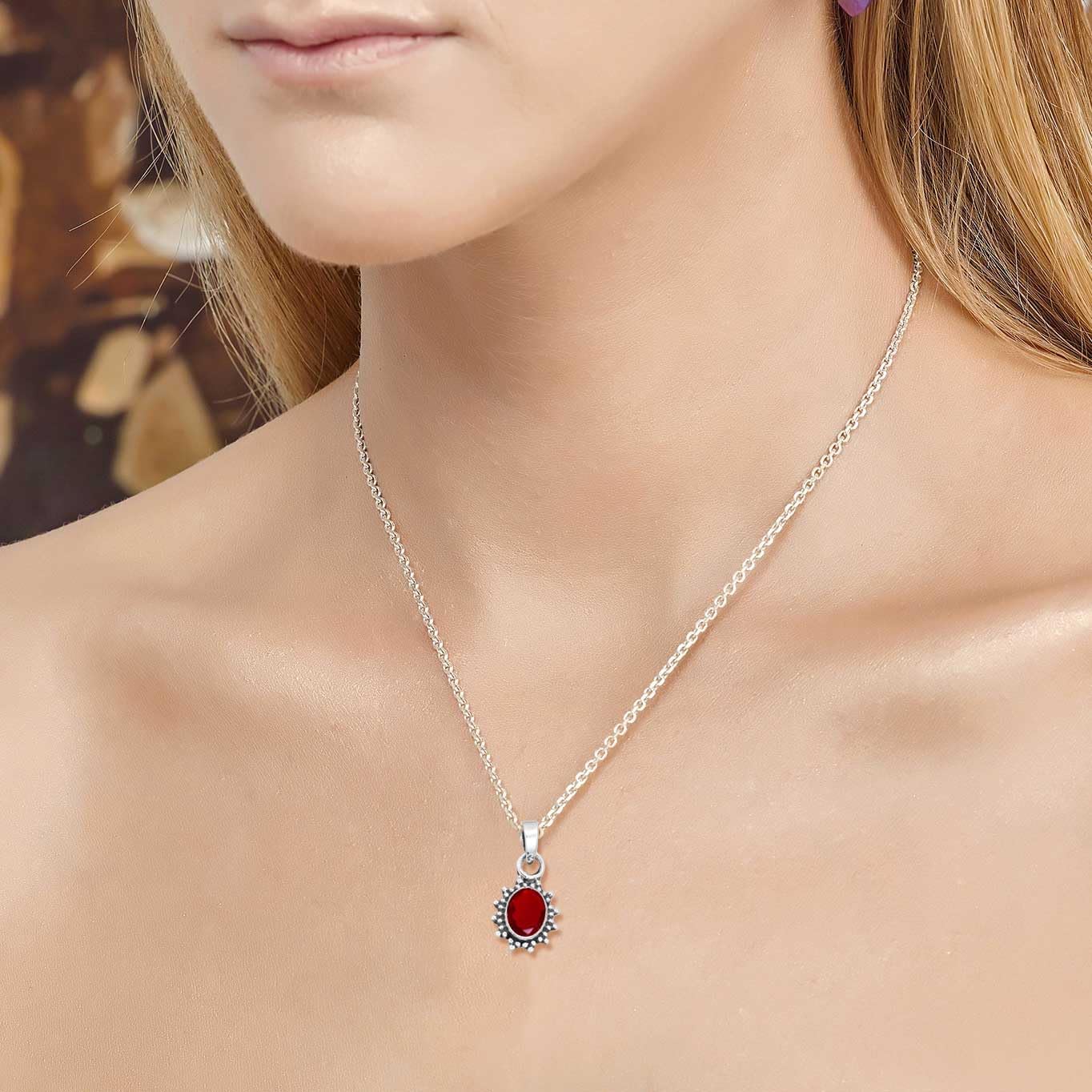 Natural Gemstone Pendant Necklace For Women Carnelian, Onyx, Pearl, Crystal Oval Boho Genuine 925 Sterling Silver Handmade Jewelry
