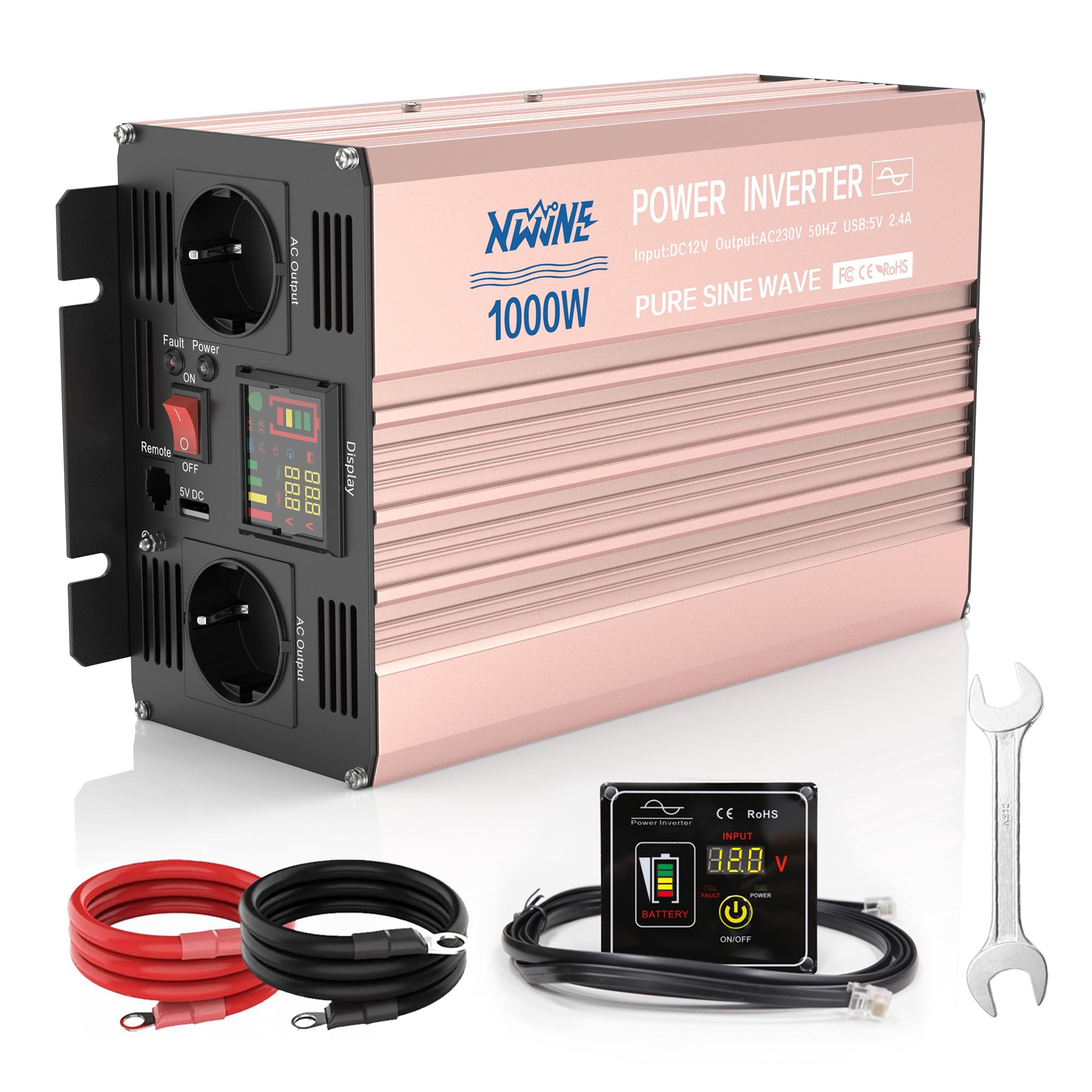 XWJNE Inverter onda sinusoidale pura 1000W/2000W 12V a AC 220/230V Onda Pura Convertitore con telecomando e Display LED Protezione Multipla Trasformatore di Potenza Convertitore