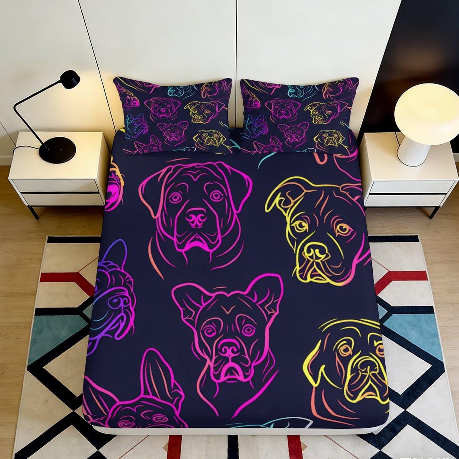3D Printed Neon Dog Fitted Sheet Microfiber Elastic Hem Bedroom Bedding Set Adult All-Age Neon Dog Mattress Fitted Cover Deep Pocket Washable 90x200x25cm