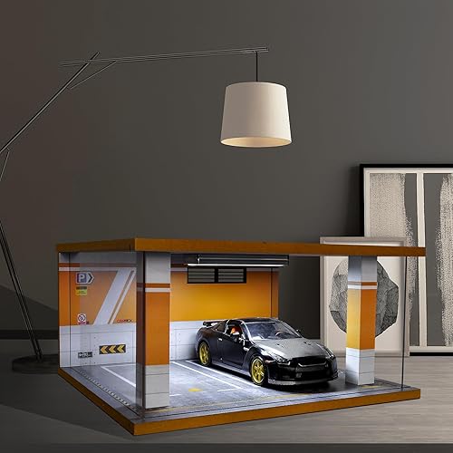 Miniatura 7 de cxiiuui Hot Wheels - Vitrina para coche con luz LED y cubierta acrílica, escala 124, aparcamiento, garaje de madera, fundida a presión, 2 plazas de