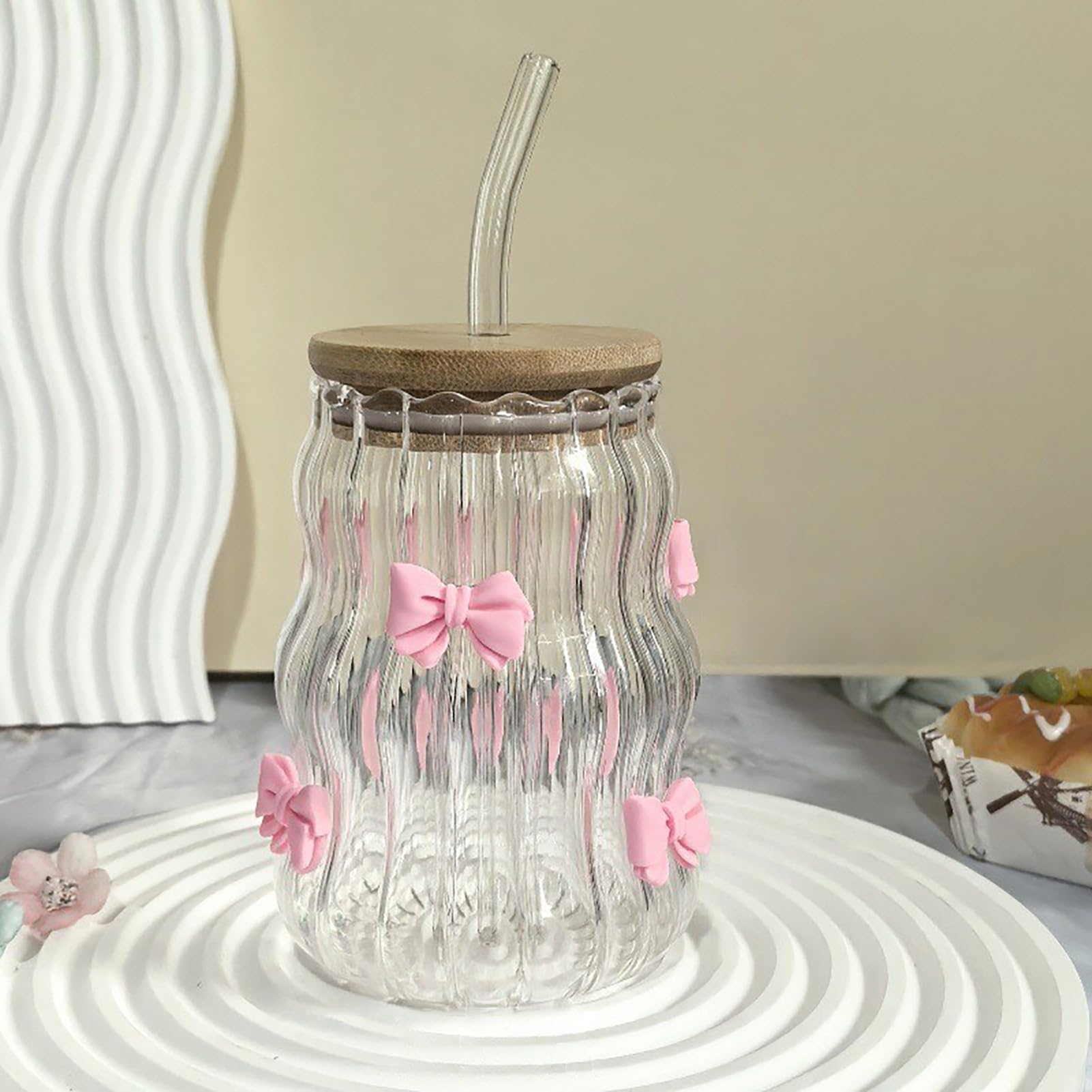 BestAlice Ribbed Glass Drinking Cup, 450ml, Pink, Bow or Rose Style, Iced Coffee Cup, Bubble Glass, Medium Size, Reusable - Image 3