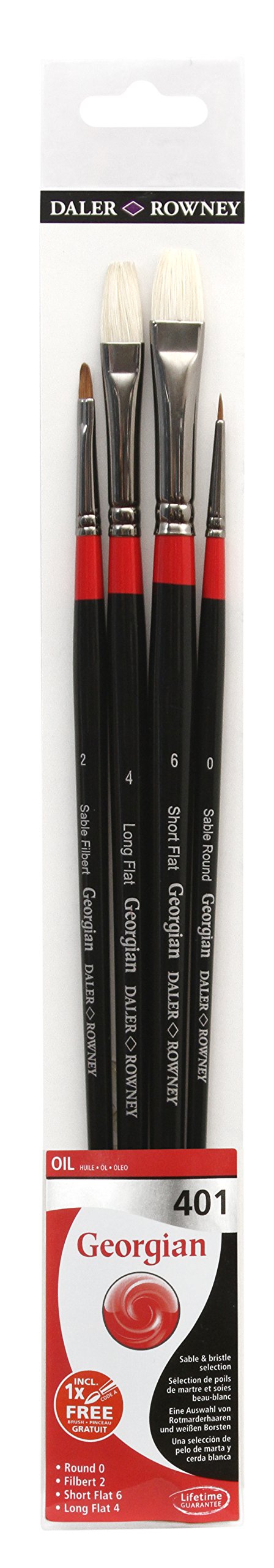 Daler-Rowney Georgian Oil Brush, Sable Hair & Hog Bristle, Long Handle, Round, Filbert, Short Flat and Long Flat, , Wallet, Set 401, 4 Assorted brushes
