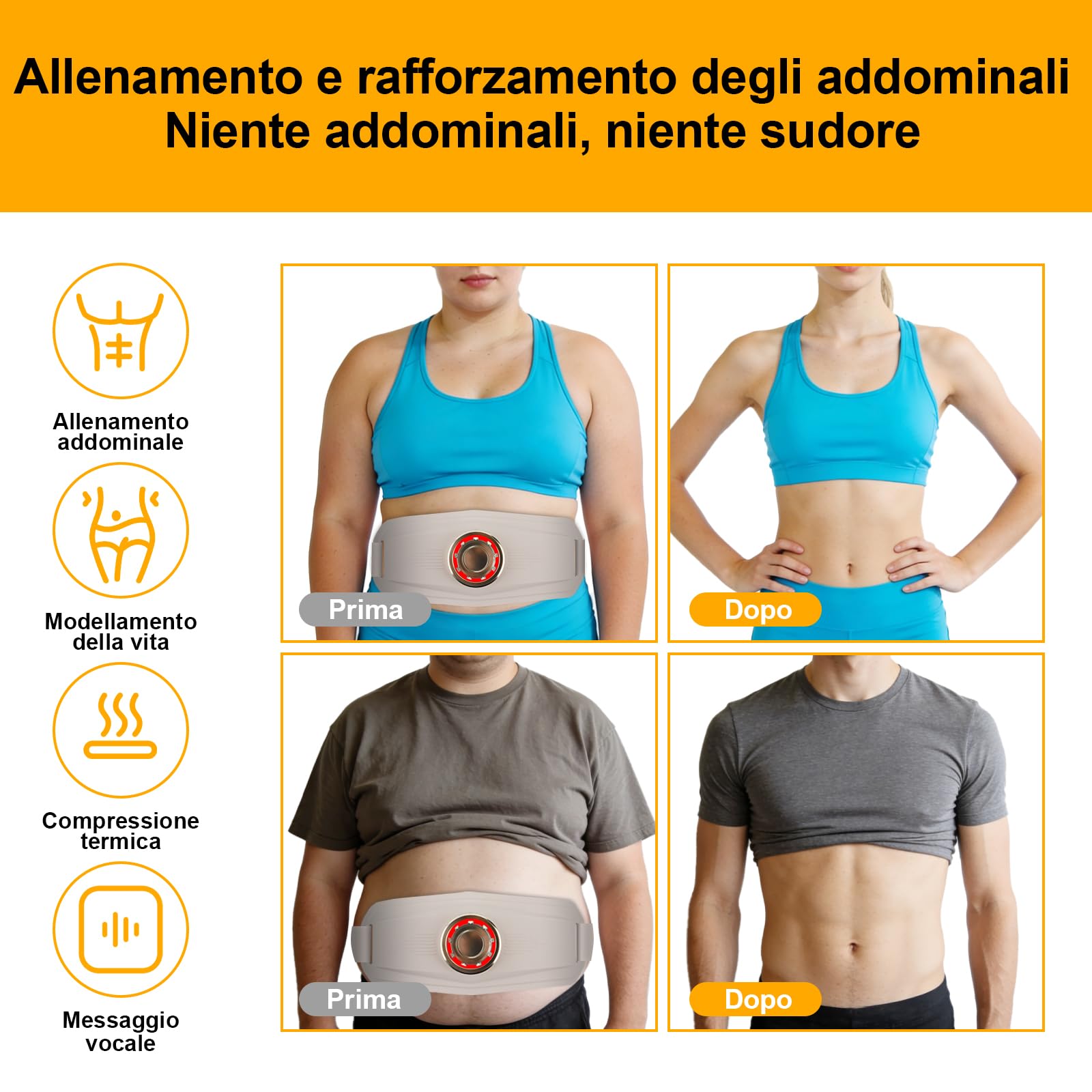 Ms.W Cintura massaggiante EMS, stimolatore per Addominali e tonificatore Muscolare con 4 modalità, Diversi Livelli di intensità, impacco Termico e luci Colorate, per Uomini e Donne