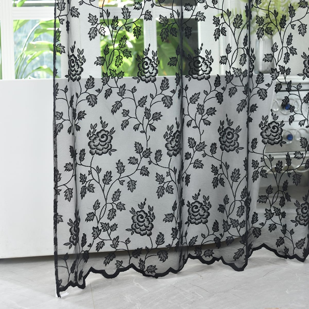TERLYTEX Lace Shower Curtain With Attached Valance, Rustic Vintage Floral Sheer Curtain 72 Inch Length for Bathroom, 1 Panel, Black
