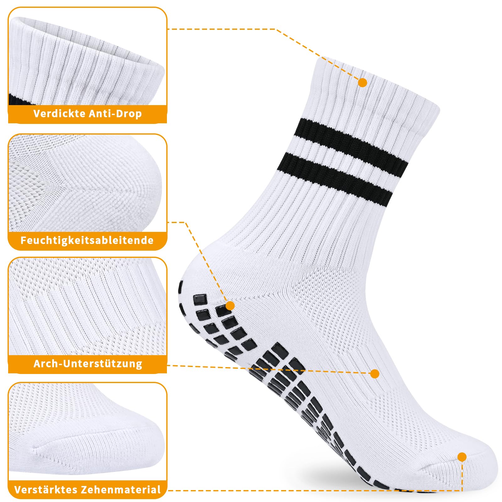 Lot de 3 paires chaussettes football antidérapantes garçon Blanc Noir 31-34 35-38