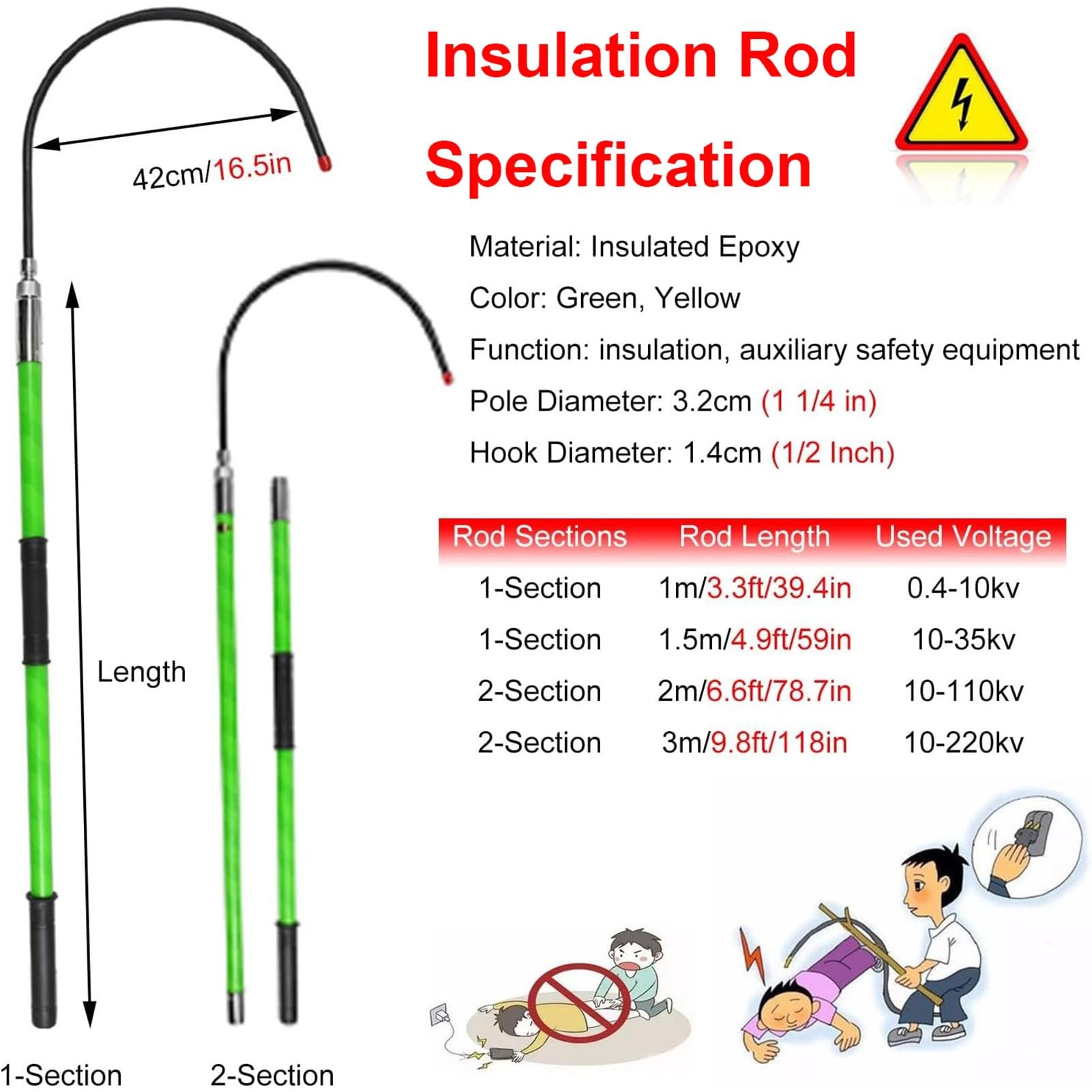 HOFSSI Electrical Safety Rescue Hook, 10kv-220kv High Voltage Epoxy Splice Insulated Rod/Pole with 16 Inch Opening Hooks for Electrician, Emergency Protective Equipment(Green,4.9ft/1.5m)