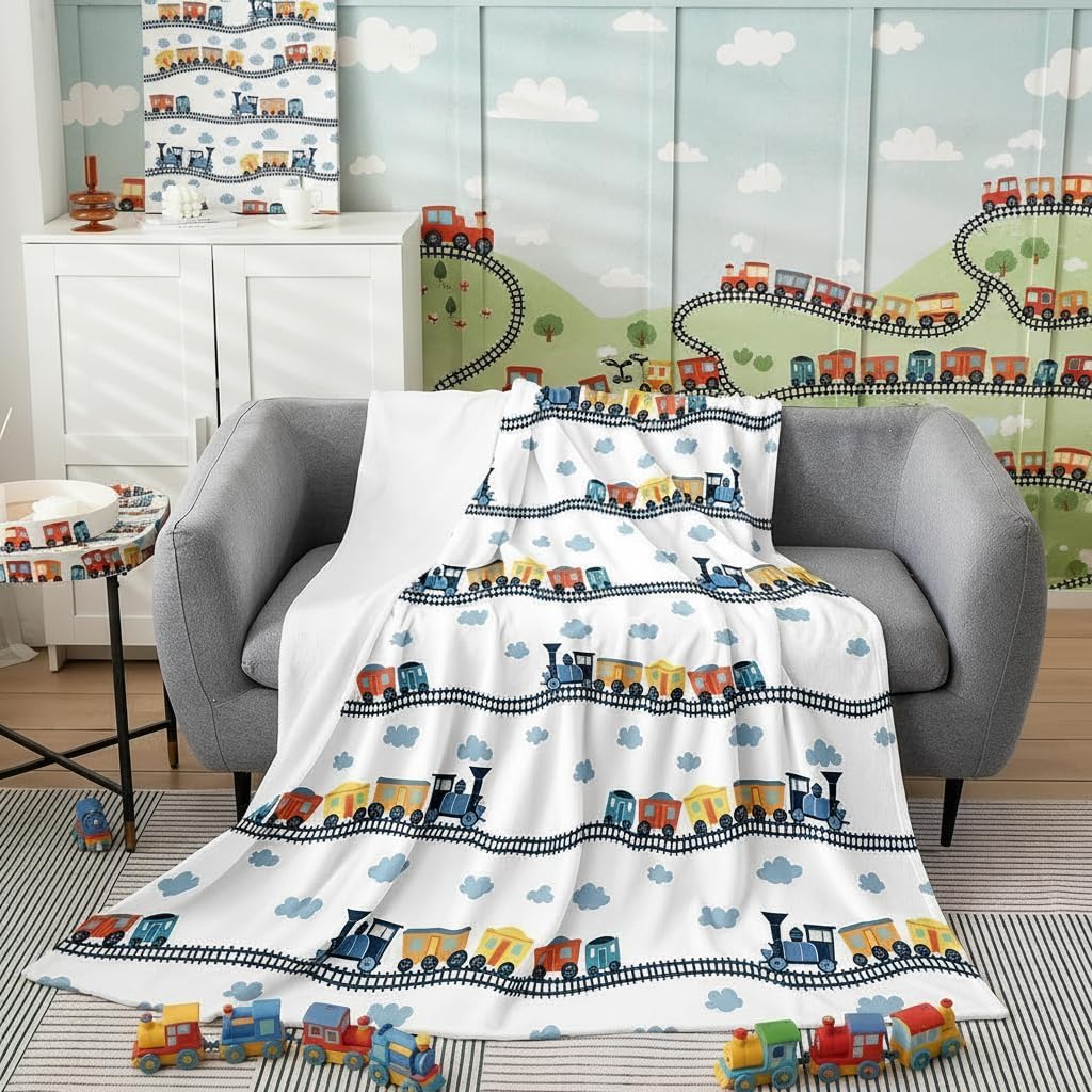 Erosebridal Train Fuzzy Blanket, Cartoon Smoking Engine Throw Blanket for Kids Boys, Construction Vehicles Fleece Blanket for Bed Sofa Couch, Railway Rail Ripple Plush Bed Blanket, Queen Size