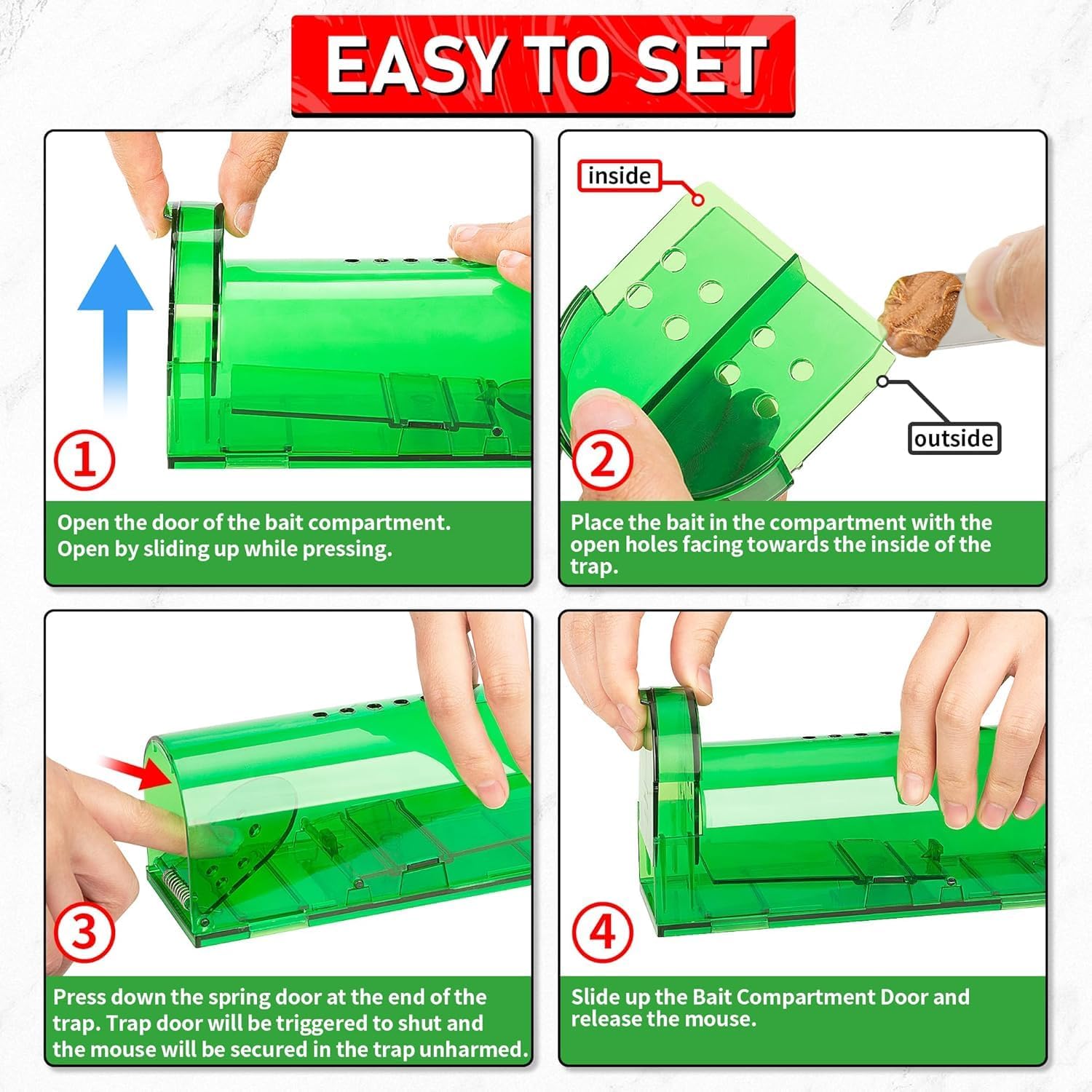 LULUCATCH Humane Mouse Traps 6 Pack, No Touch Catch and Release Live No Kill Rodent Traps, Reusable with Cleaning Brush, Pet & Kid Safe Indoor Outdoor Pest Control for Mice Rats Chipmunks Voles