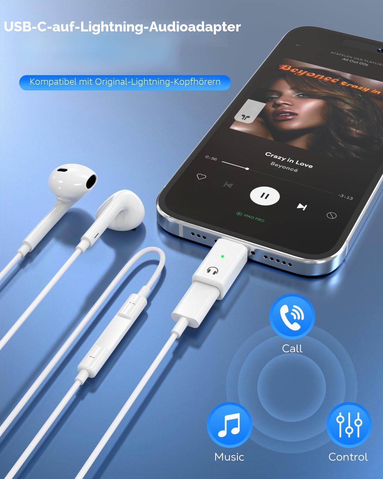 MoKo Lightning auf USB-C Audio Adapter, USB C auf Lightning Kopfhörer Adapter für iPhone 17 16 16e 15 Pro Max Plus, iPad Air/Pro, MacBook, Weiß