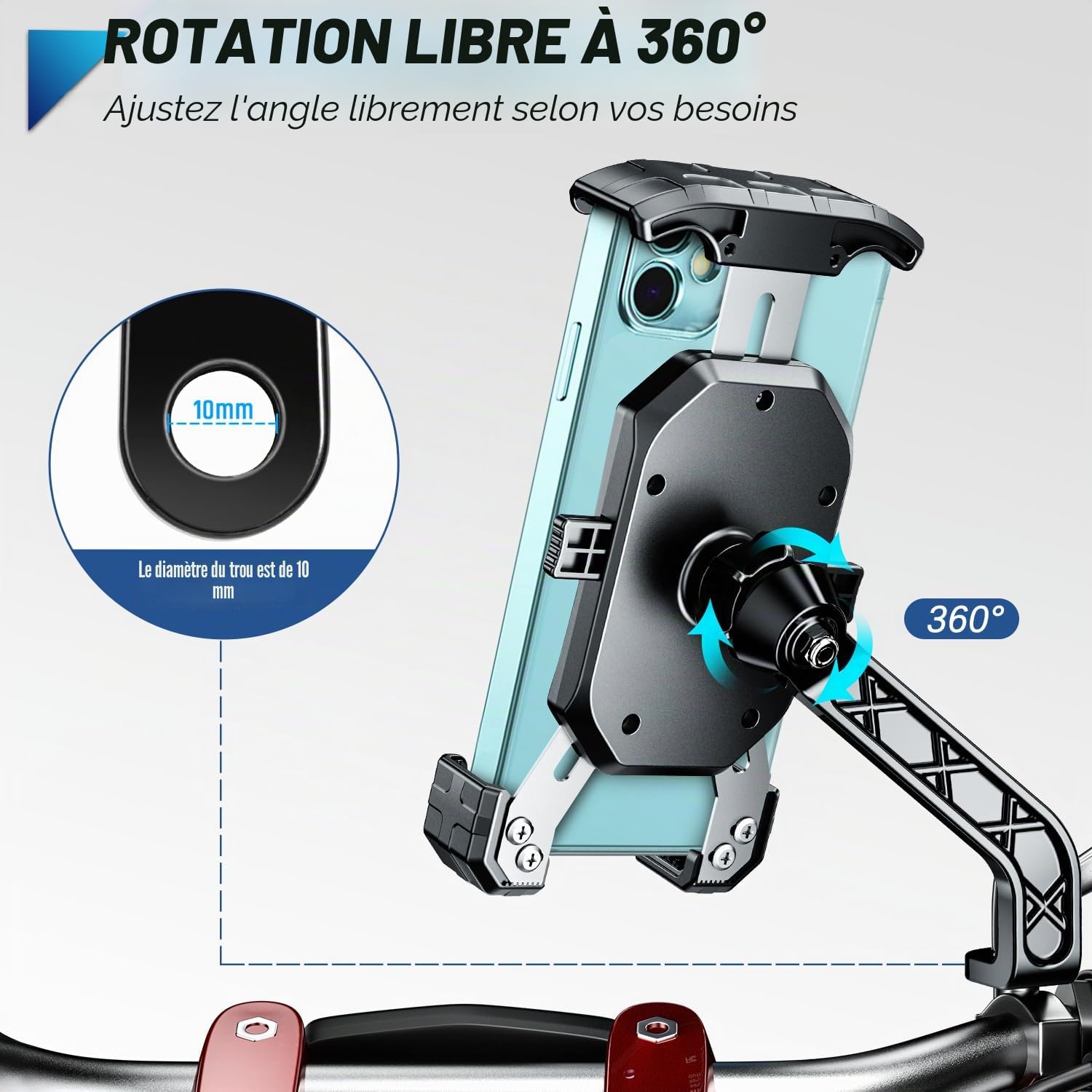 Support Téléphone Moto 360° Rotation Anti-Vibrations Support Smartphone Moto Anti-secousse Porte Telephone Scooter Antirouille Support Telephone Scooter Retroviseur pour 4-7'' Smartphone (Noir)