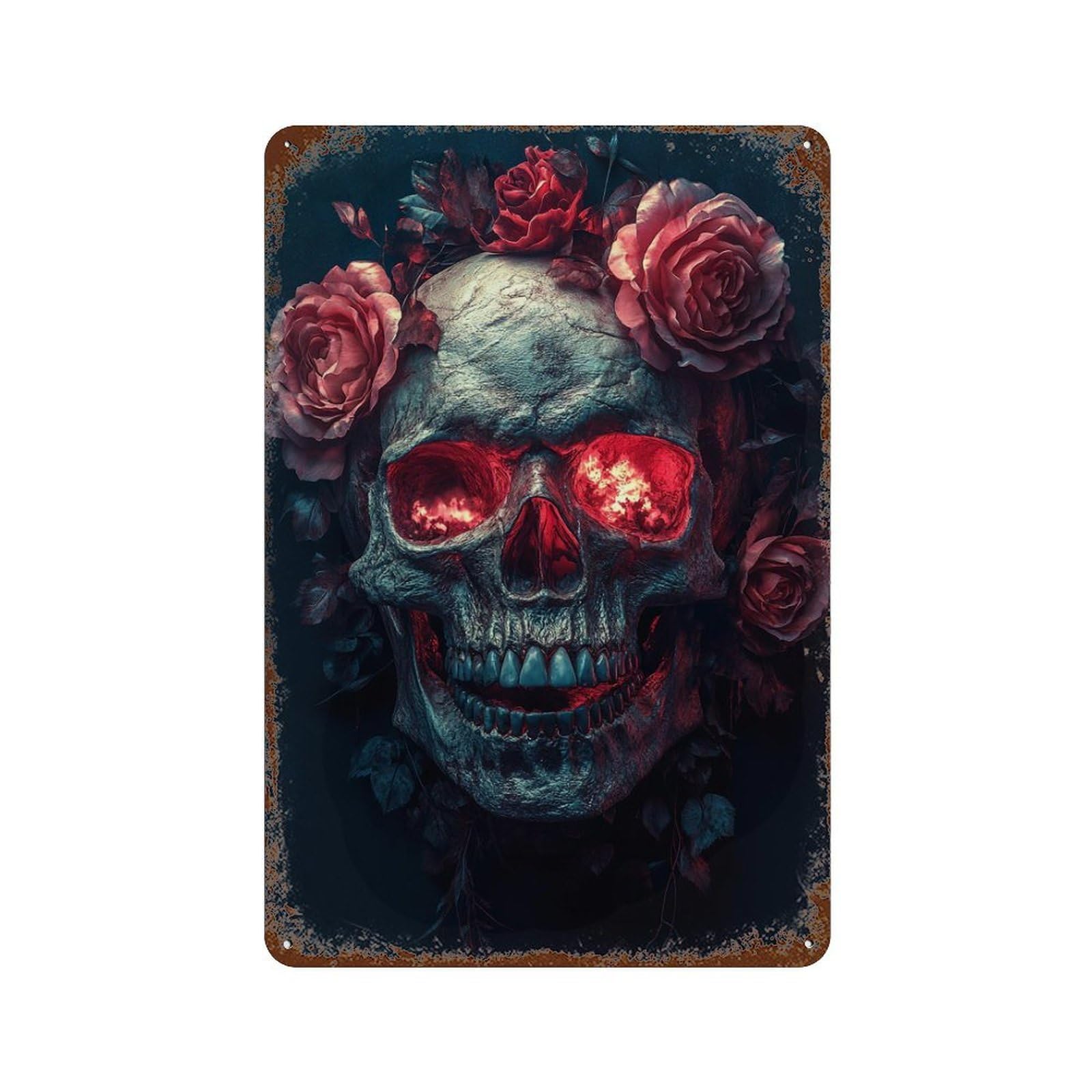 Skull with Roses Art Print Rust Effect Tin Sign 11.8"x7.9", Industrial Home Decor for Garage, Pub Or Kitchen