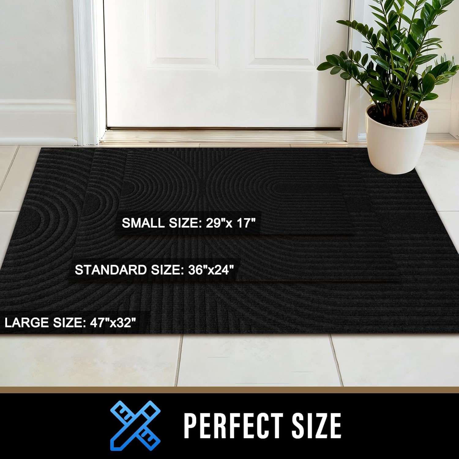 PLEASOR Front Door Mat Outside Entrance, Absorbent and Dirt Resistant Welcome Mat Indoor Outdoor, Non-Slip Backing Entry Mat, Easy Clean Low Profile Doormat for Entryway, 60x36, Black