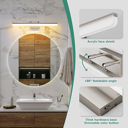 Miniatura 8 de Luz de tocador de níquel cepillado de 24 pulgadas, barra de luz LED regulable 5CCT, accesorio de montaje en pared de 18 W con ángulo ajustable y