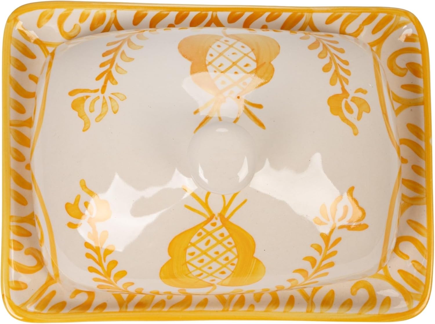 Creative Co-Op Stoneware Butter Dish with Botanical Design, Yellow and White