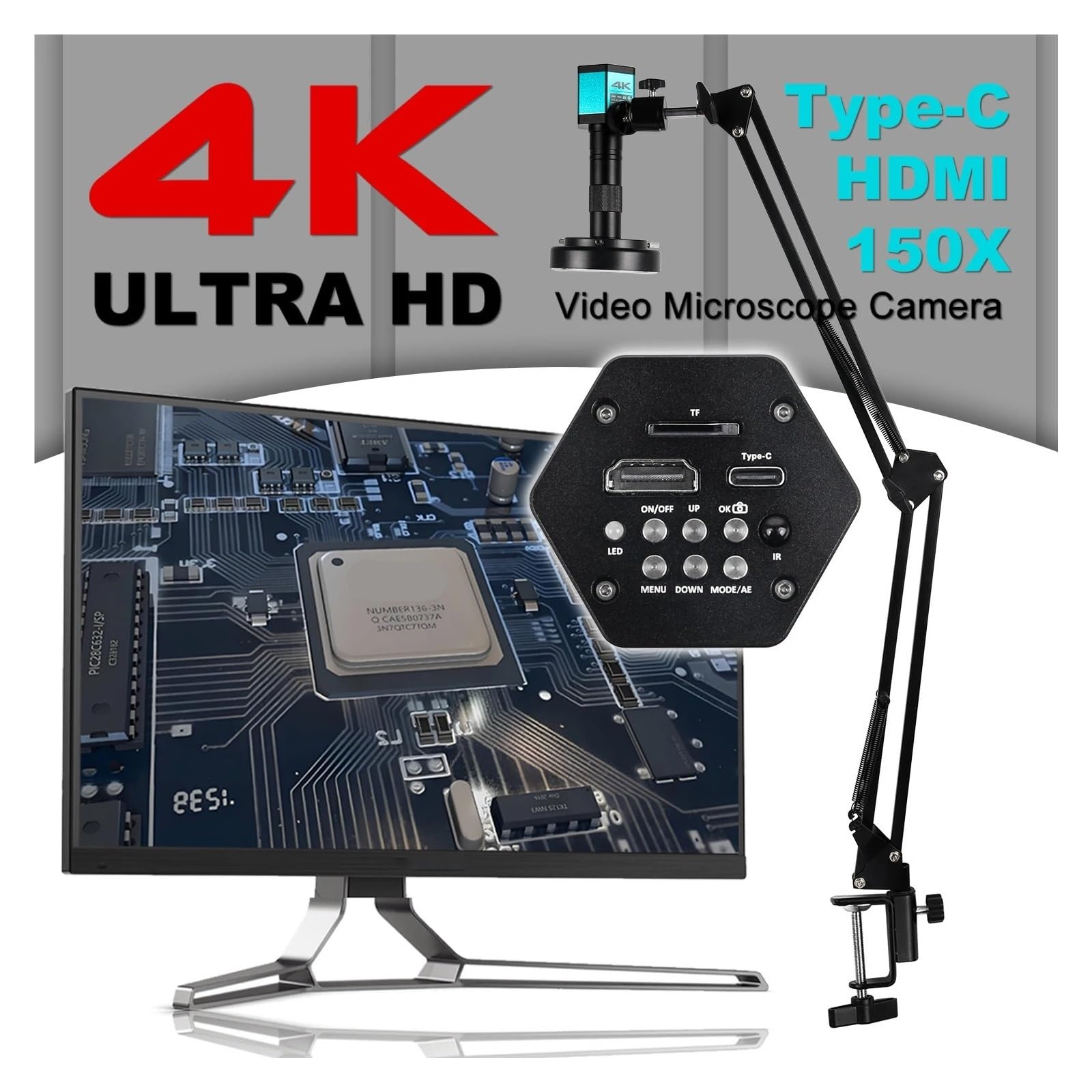 Digital Microscope 4K FULL HD HDMI VGA 1080P Industrial Camera C-Mount Via Type Measurement 150x Lens For Soldering Phone(HDMI VGA Entry model)