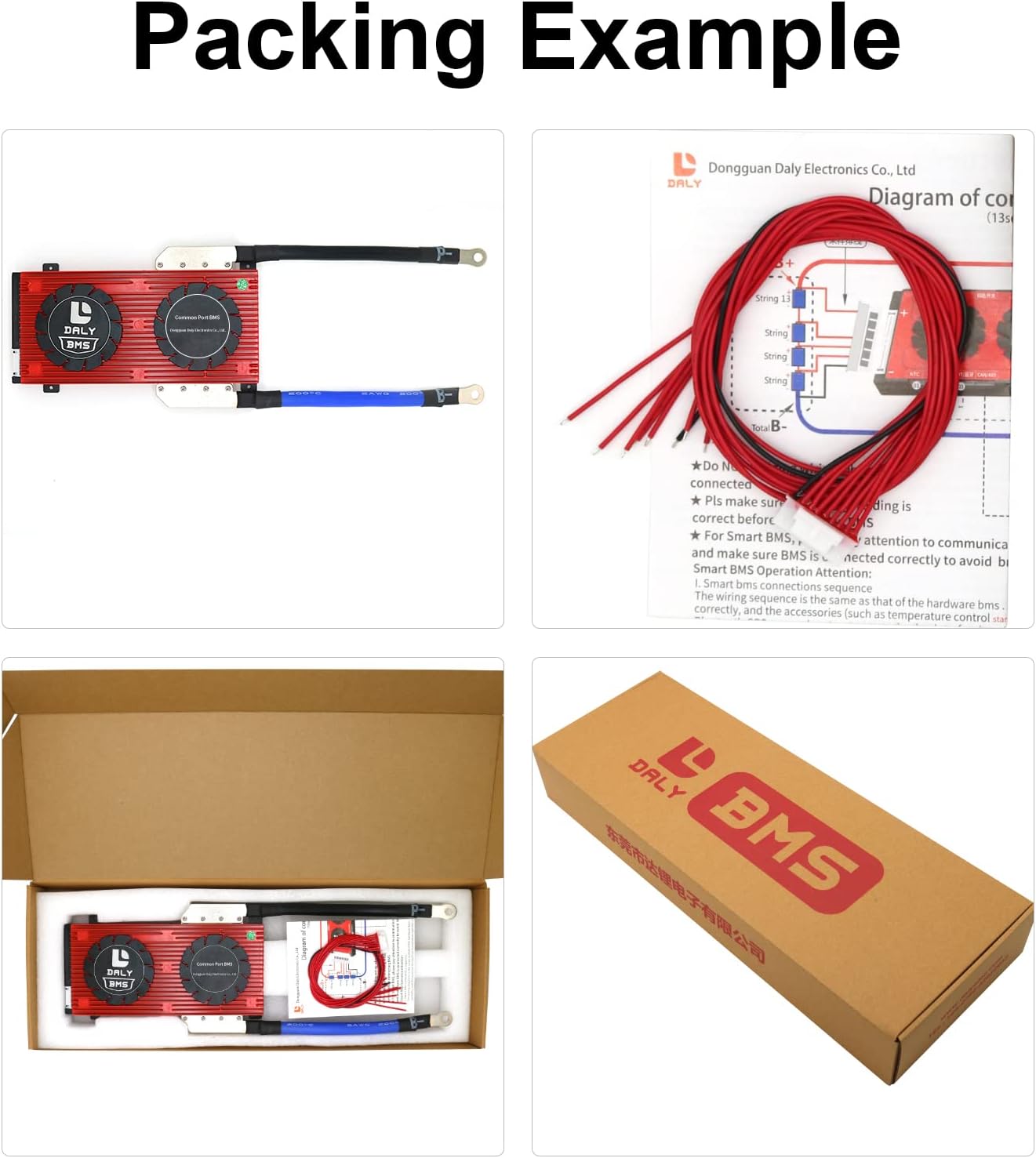 Example of DALY BMS package contents including the BMS unit, wiring harness, and manual