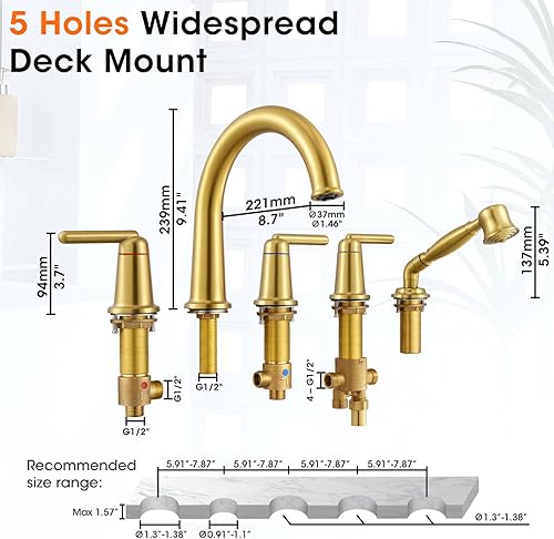 Miniatura 6 de Juego de grifo de bañera romano con ducha de mano y válvula áspera, montaje en cubierta generalizado, grifo de bañera de 5 agujeros con desviador