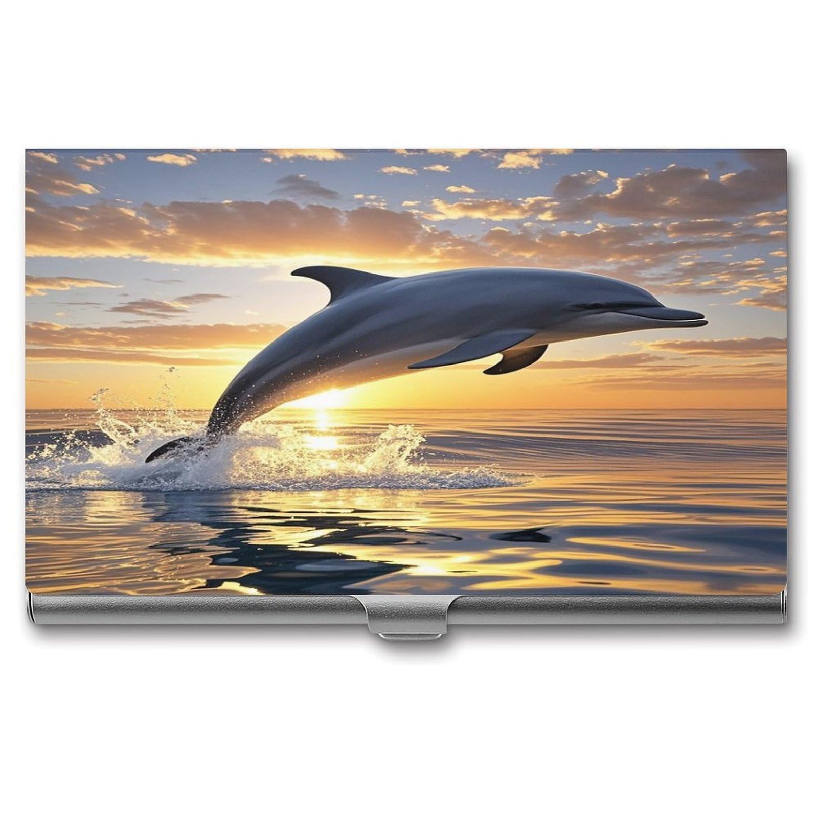 FekiLoot Dolphins Jumping Out of The Water at Sunset Business Card Holder Aluminum Alloy Business Card Case Convenient to Carry Business Card Dispenser for Men Women