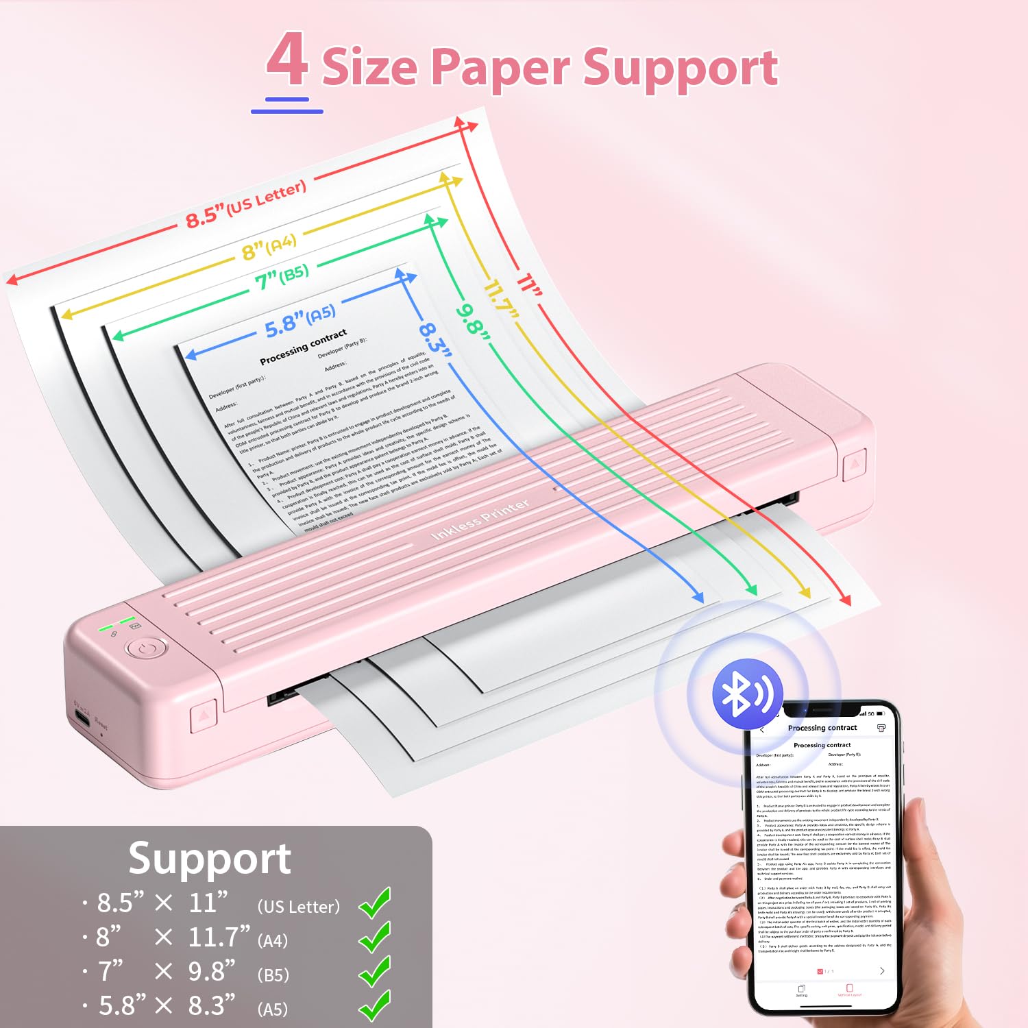 Stampante Portatile A4 P831 Bluetooth Piccola per Viaggio, Senza Inchiostro Carta Termica Rosa