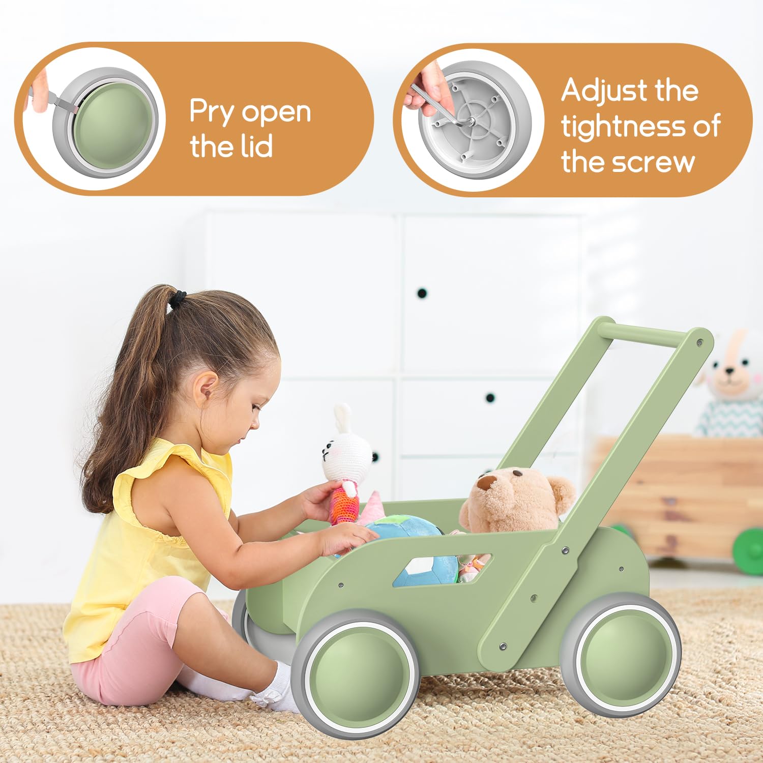 Andador Madera Bebé, Caminador Bebé para Niños y Niñas, Andadores para Bebes con Espacio de Almacenamiento, Regalo para Cumpleaños Navidad, Verde