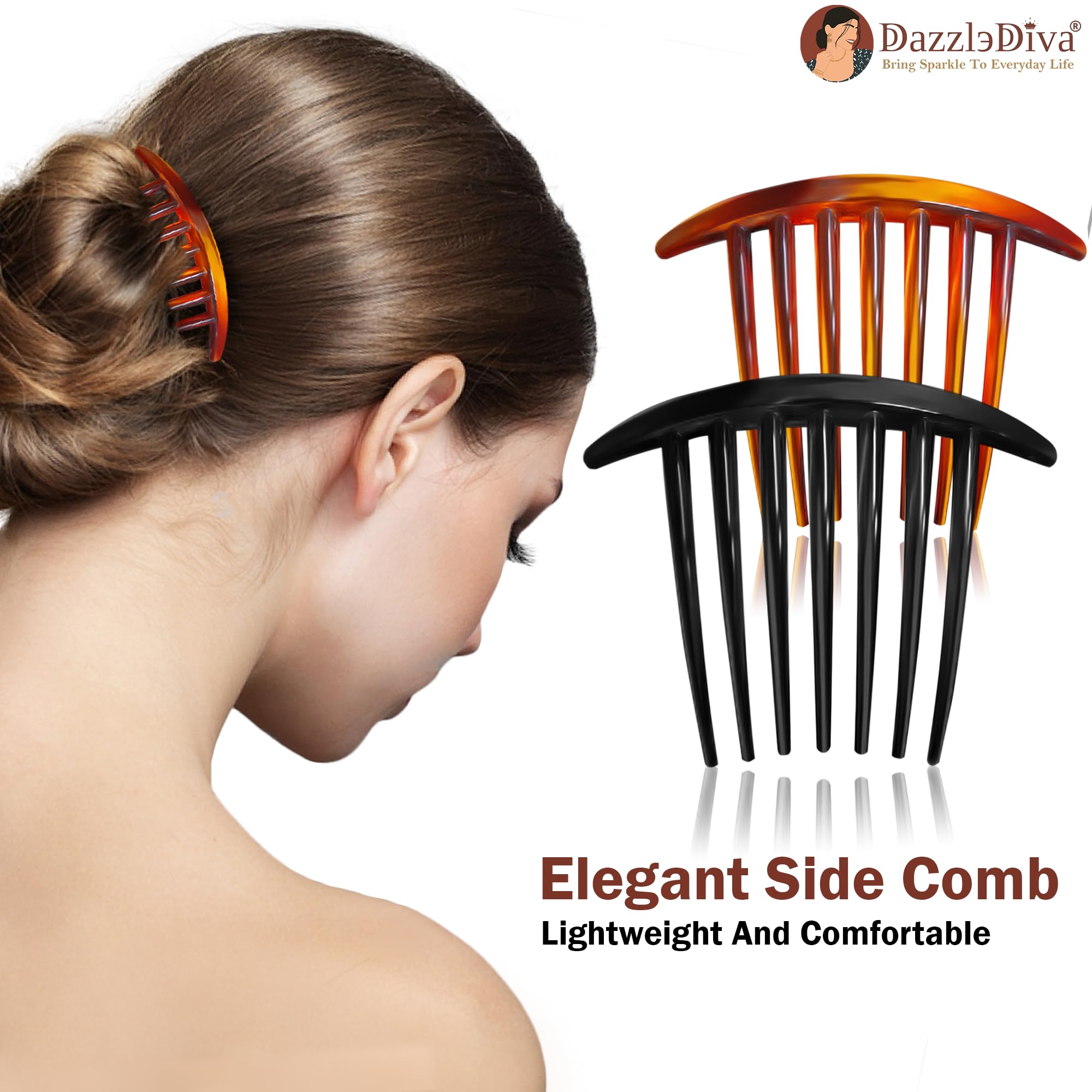 DazzleDiva French Hair Side Combs, 2-Pack Tortoise & Black for Styling Updos 2Pcs 3