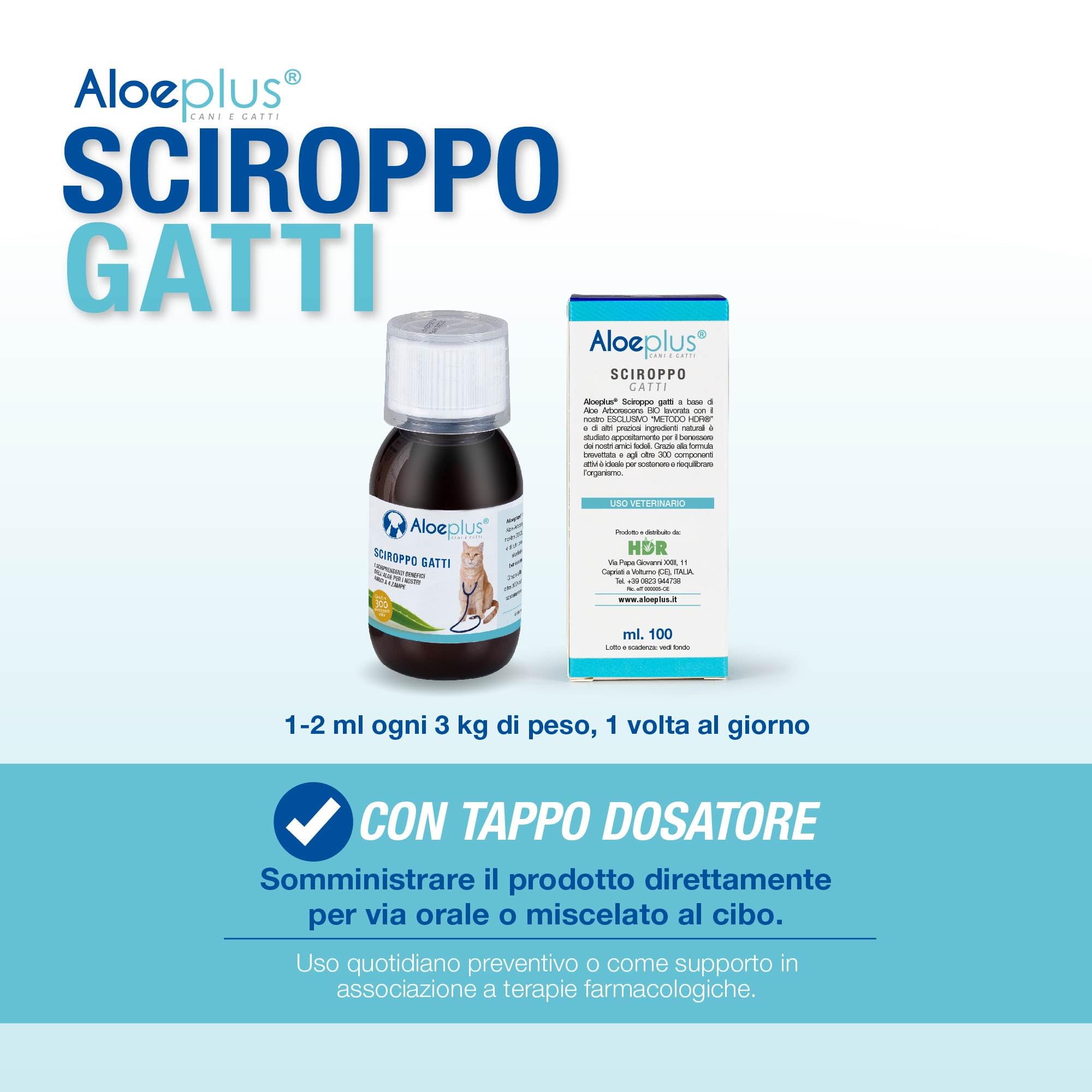 ALOEPLUS Gatti Sciroppo 100ml - Alimento Complementare Energetico, Disintossicante a base di Aloe Arborescens BIO, Rafforza le Naturali Difese, Ideale come ricostituente Gatto Anziano e Cuccioli