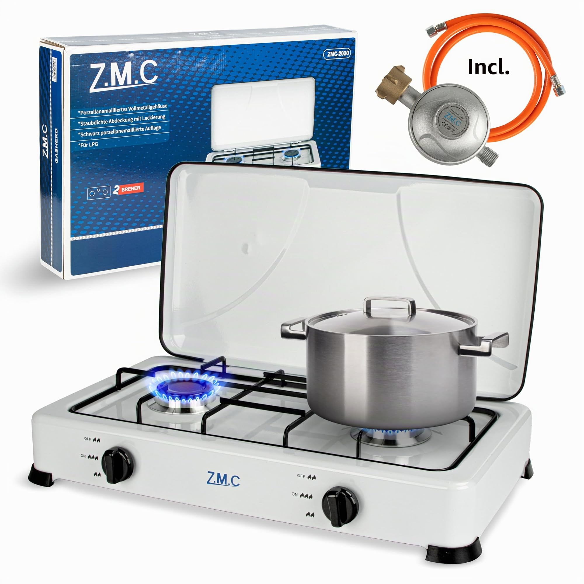 Z.M.C cuisinière à gaz double flamme, cuisine de camping, plaque de cuisson à gaz avec tuyau + régulateur, propane gaz liquéfié (GPL) optimisé, 2,2 kW par brûleur pour cuire deux plats en même temps,